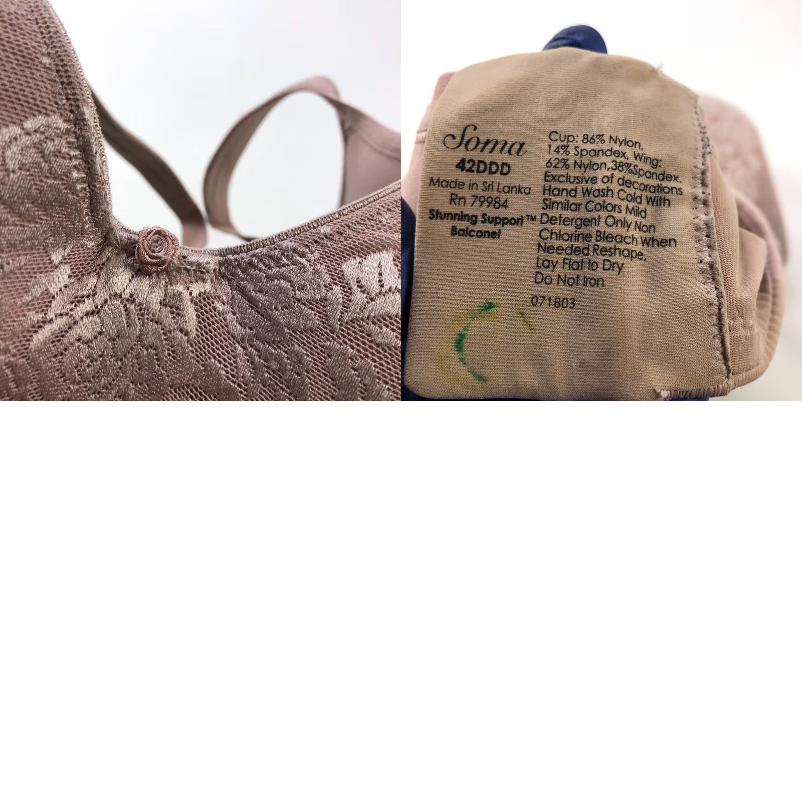 Vintage Soma Bra Balconette Underwired Padded 42DDD Pink Mauve 42 Underwire Full Coverage Womens Clothing Size ONE SIZE - 10 Thumbnail
