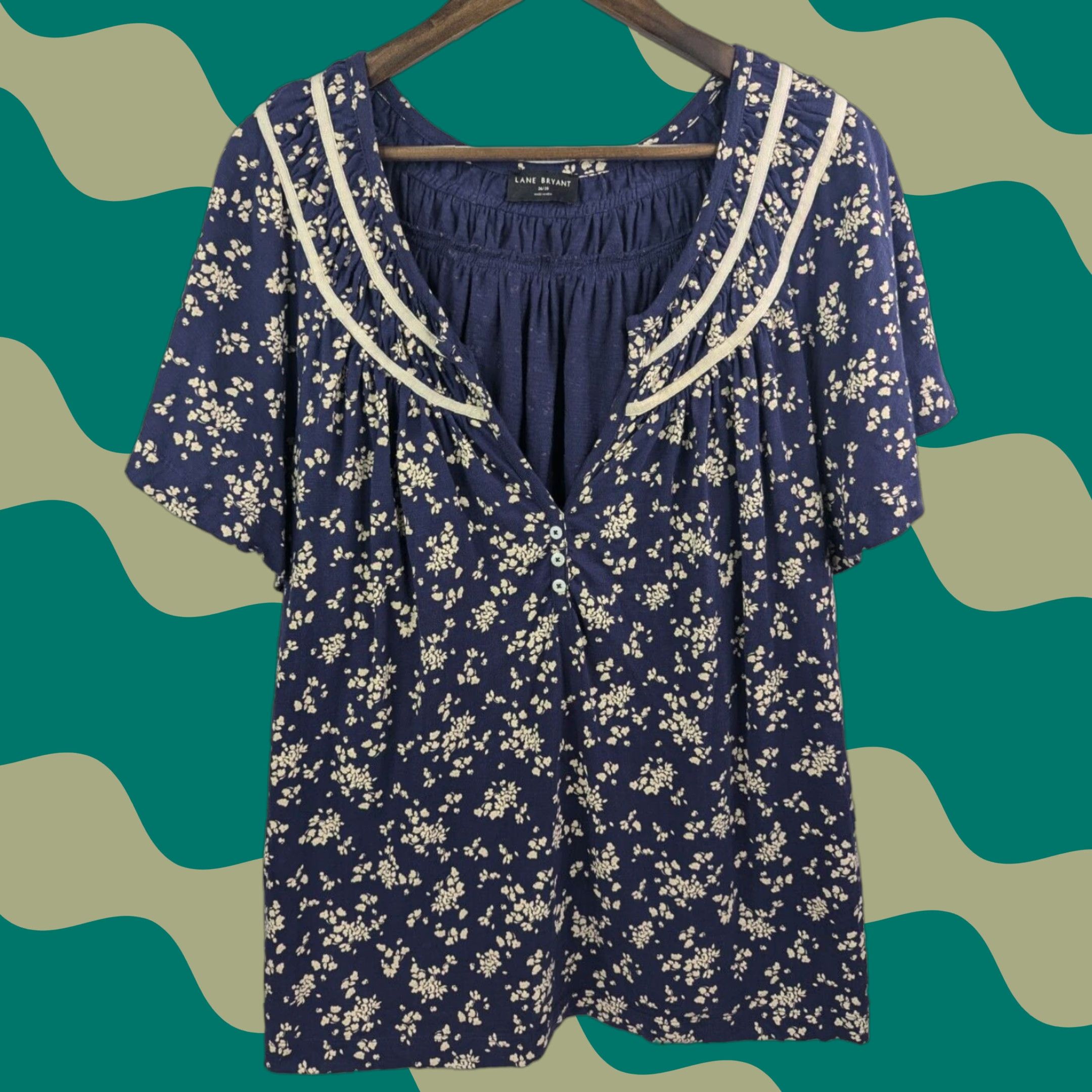 Vintage Lane Bryant Blouse 26/28 Notch-Neck Shirred-Yoke Floral Navy V-Neck Henley Blue Cotton Women Plus Shirt Size 4XL / US 24-26 - 1 Thumbnail
