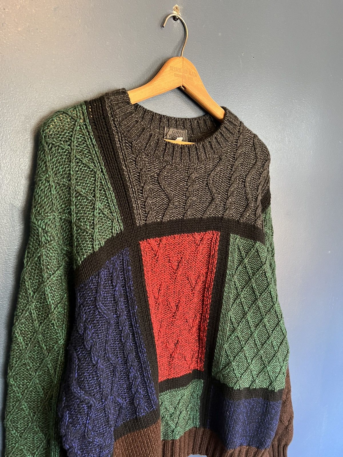 image of 90’S Gianni Versace Grid Wool Cable Knit Sweater L in Red, Men's (Size Large)