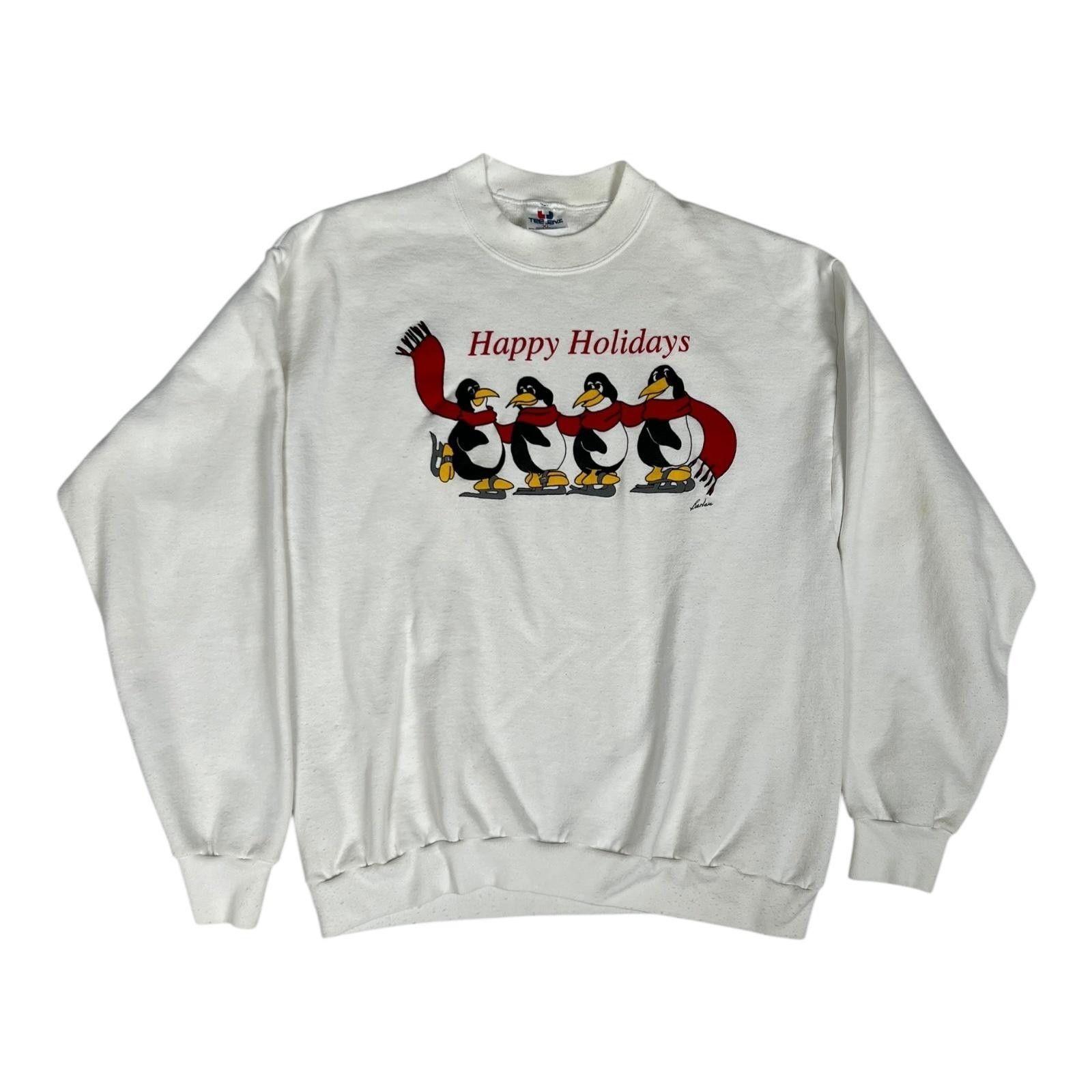 TEE JAYS Vintage Happy Holidays Penguin Sweatshirt Mens XL White Grap Size US XL / EU 56 / 4 - 1 Thumbnail