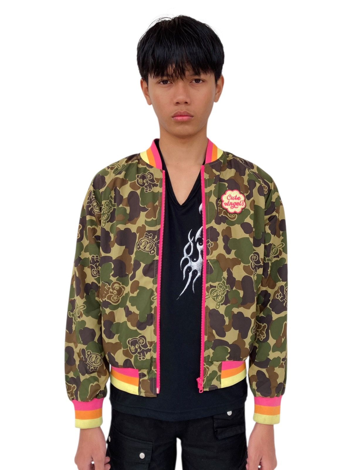Hysteric Glamour 2000s Angel Blue Multicolor Rib Elephant Camo Bomber Jacket Size US M / EU 48-50 / 2 - 3 Thumbnail
