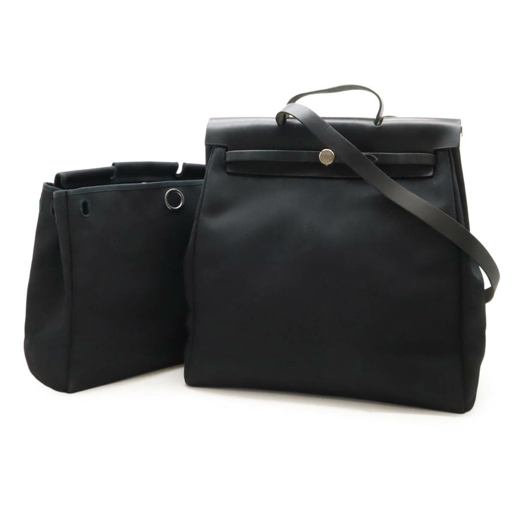 Hermes Airbag Mm Handbag Shoulder Bag Toile Officier Leather Black E Stamp, Women's