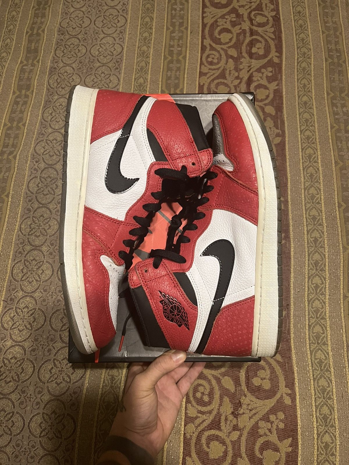 image of Jordan Nike Jordan 1 Retro High Spiderman Origin Story Shoes in Red, Men's (Size 11)