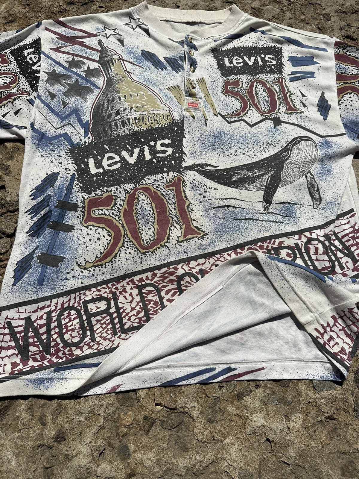 Levi's × Vintage Vintage 90s Levi’s 501 World Champion All Over Print T-Shirt Size US XL / EU 56 / 4 - 5 Thumbnail