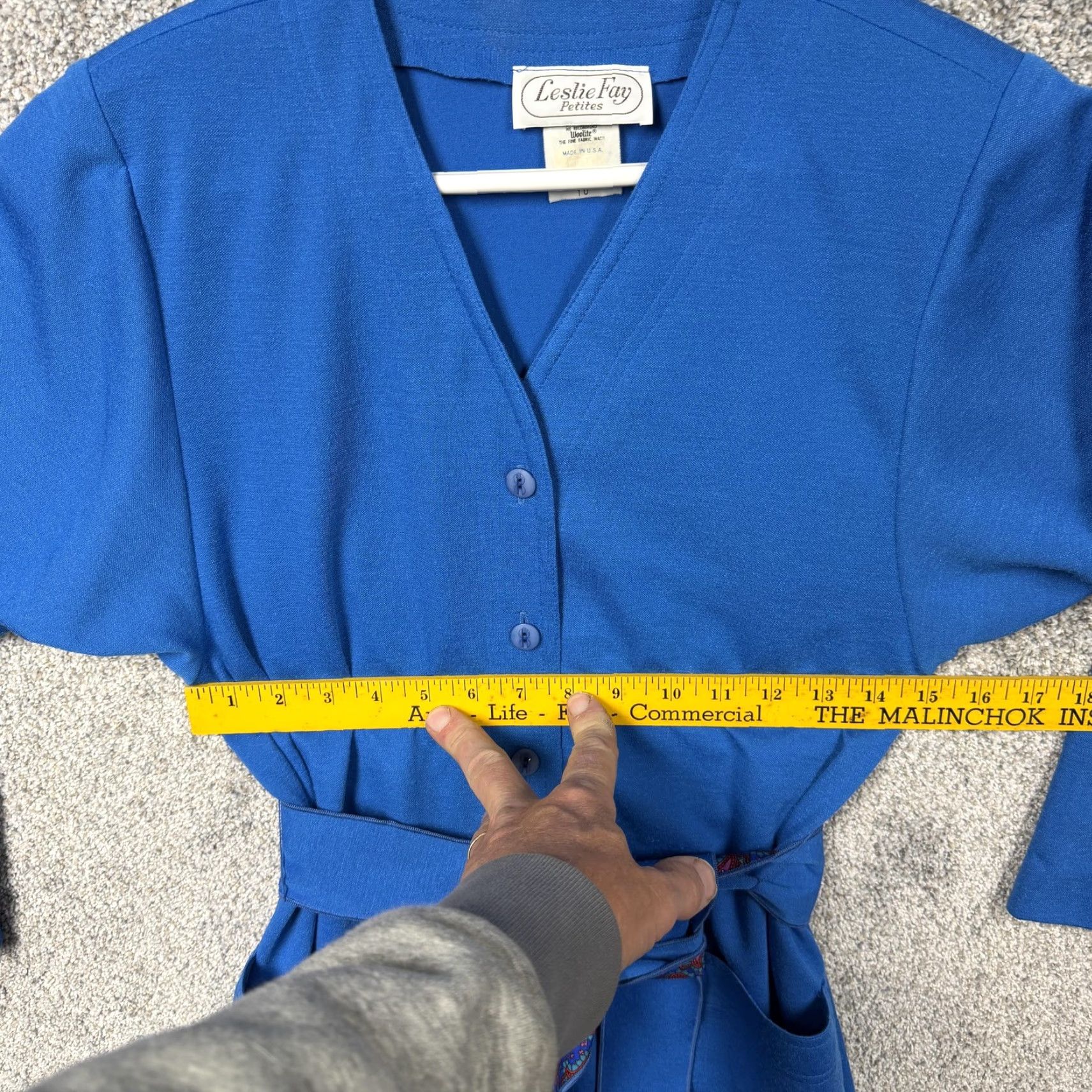 Vintage VINTAGE Leslie Fay Petites Dress 10 Midi Knit Blue 3/4 Sleeve Button Front Pockets Belted 80s Office Workwear Womens Size L / US 10 / IT 46 - 3 Thumbnail