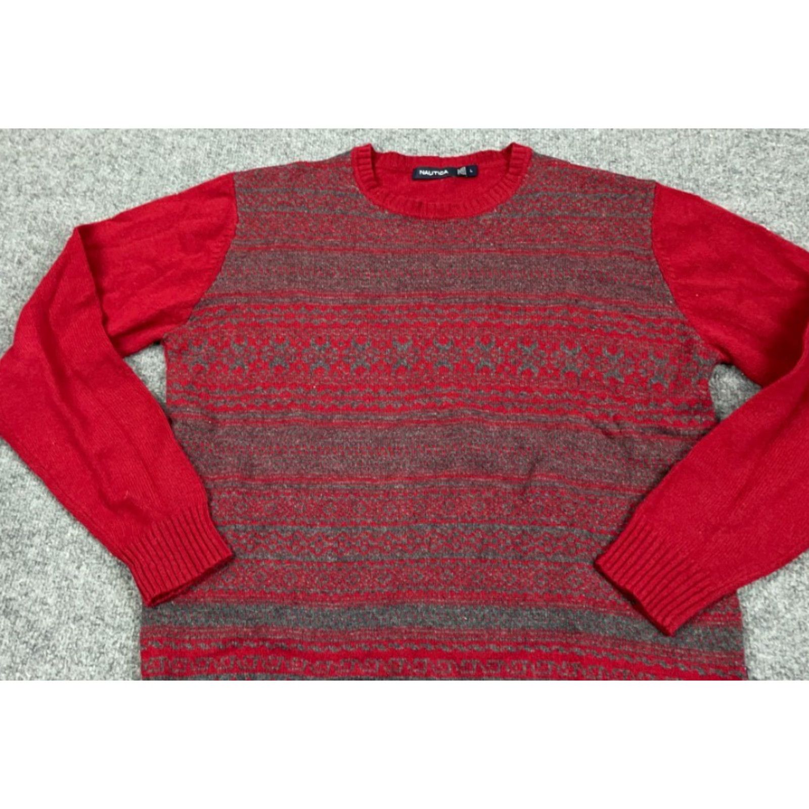 Nautica VINTAGE Nautica Geometric Sweater Men Adult Large Red Gray Wool Lightweight Knit Pullover Crew Neck Long Sleeve 90s Classic Dad Hipster Retro Size US L / EU 52-54 / 3 - 8 Thumbnail