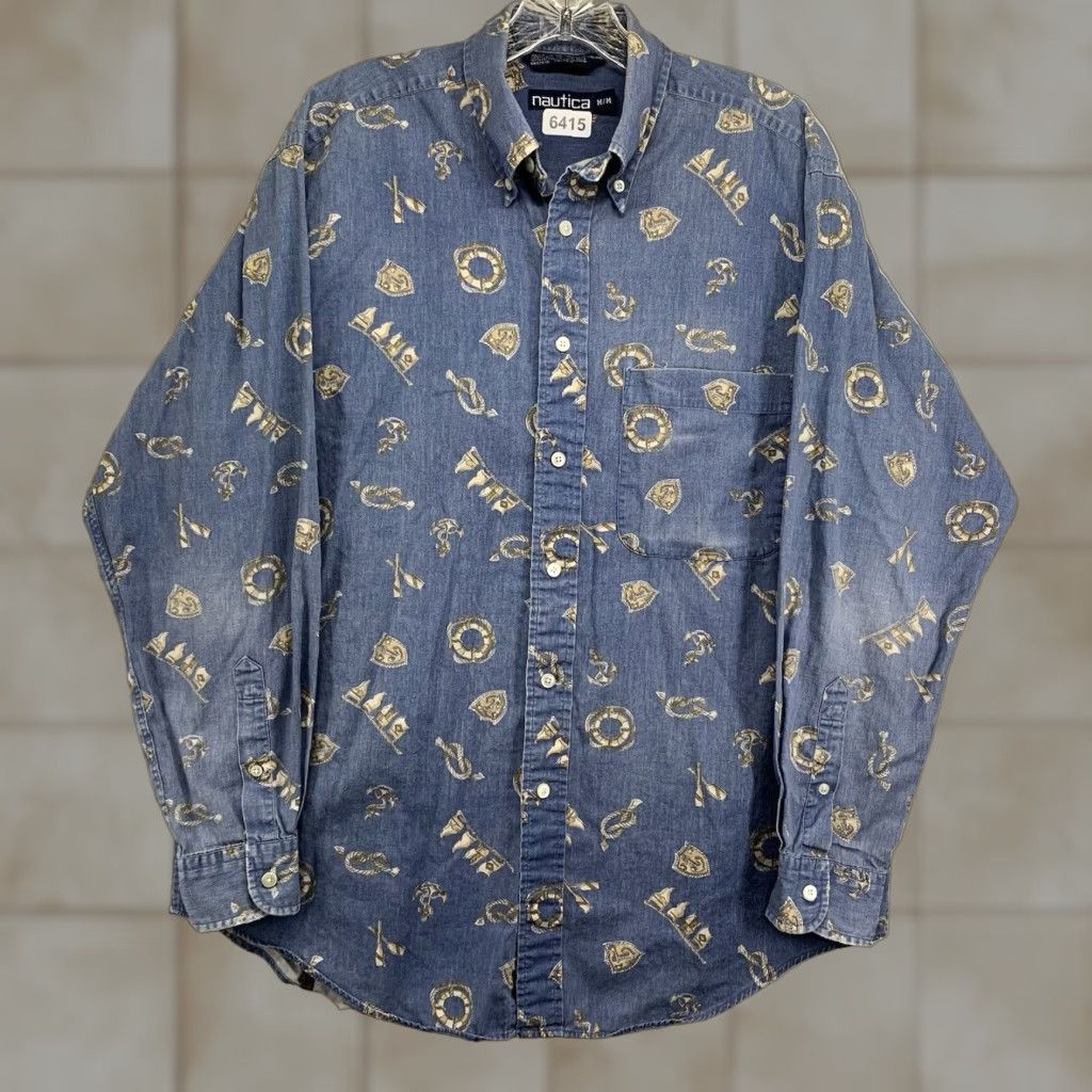 Nautica VINTAGE Nautica Button Up Shirt Mens Medium Blue Geometric Print Denim Cotton 90s Retro Size US M / EU 48-50 / 2 - 1 Thumbnail