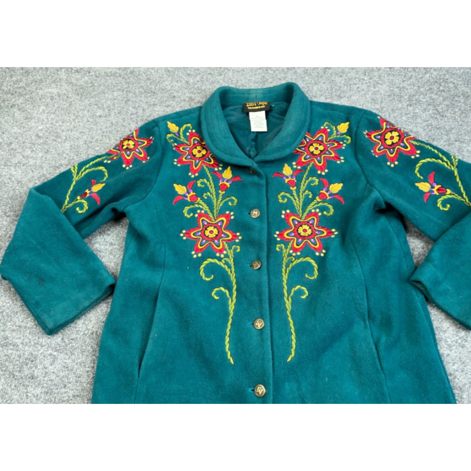 Bob Mackie Bob Mackie Jacket Medium Dark Green Embroidered Flower Fleece Snap Women's Size M / US 6-8 / IT 42-44 - 7 Thumbnail