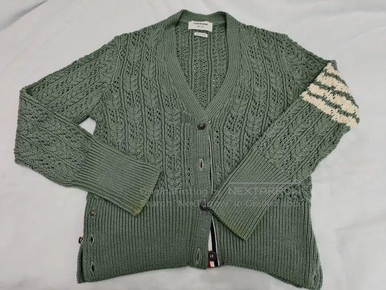 Thom Browne Thom Browne Four Striped Wool Cardigan, Gray Green Size US XXS / EU 40 - 1 Thumbnail