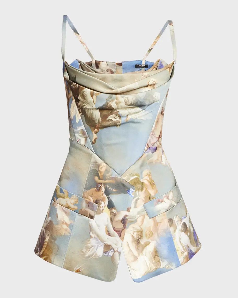 Balmain o1w1db10624 Strap Tailored Sky Printed Satin Top Size XS / US 0-2 / IT 36-38 - 1 Thumbnail