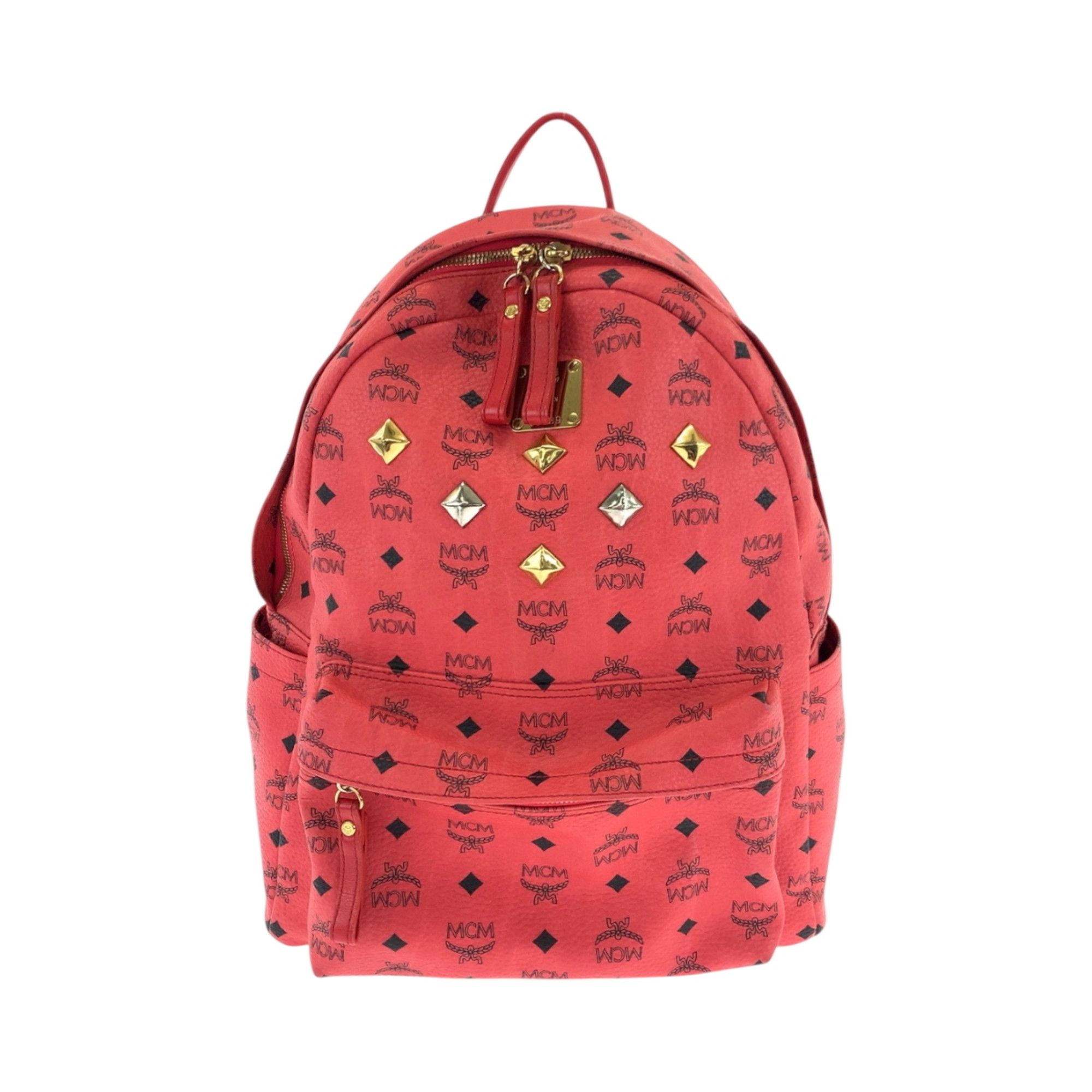 MCM Visetos Studded Red Gold Hardware Leather Rucksack Backpack