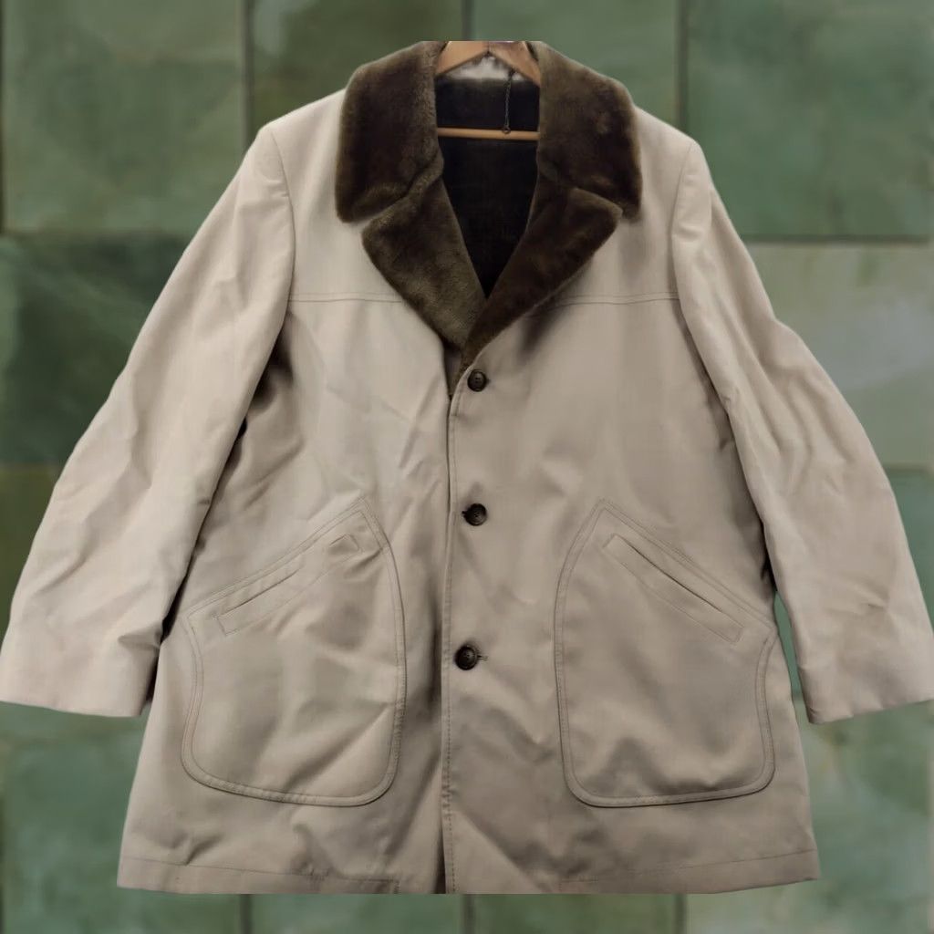 Vintage Driving Coat Mens 46 Long Brown Khaki Faux Fur Lined Big Buttons Deep Pockets Coat Mens 46 Long Brown Faux Fur Lined Canvas Cotton Blend XXL? Size US S / EU 44-46 / 1 - 1 Thumbnail