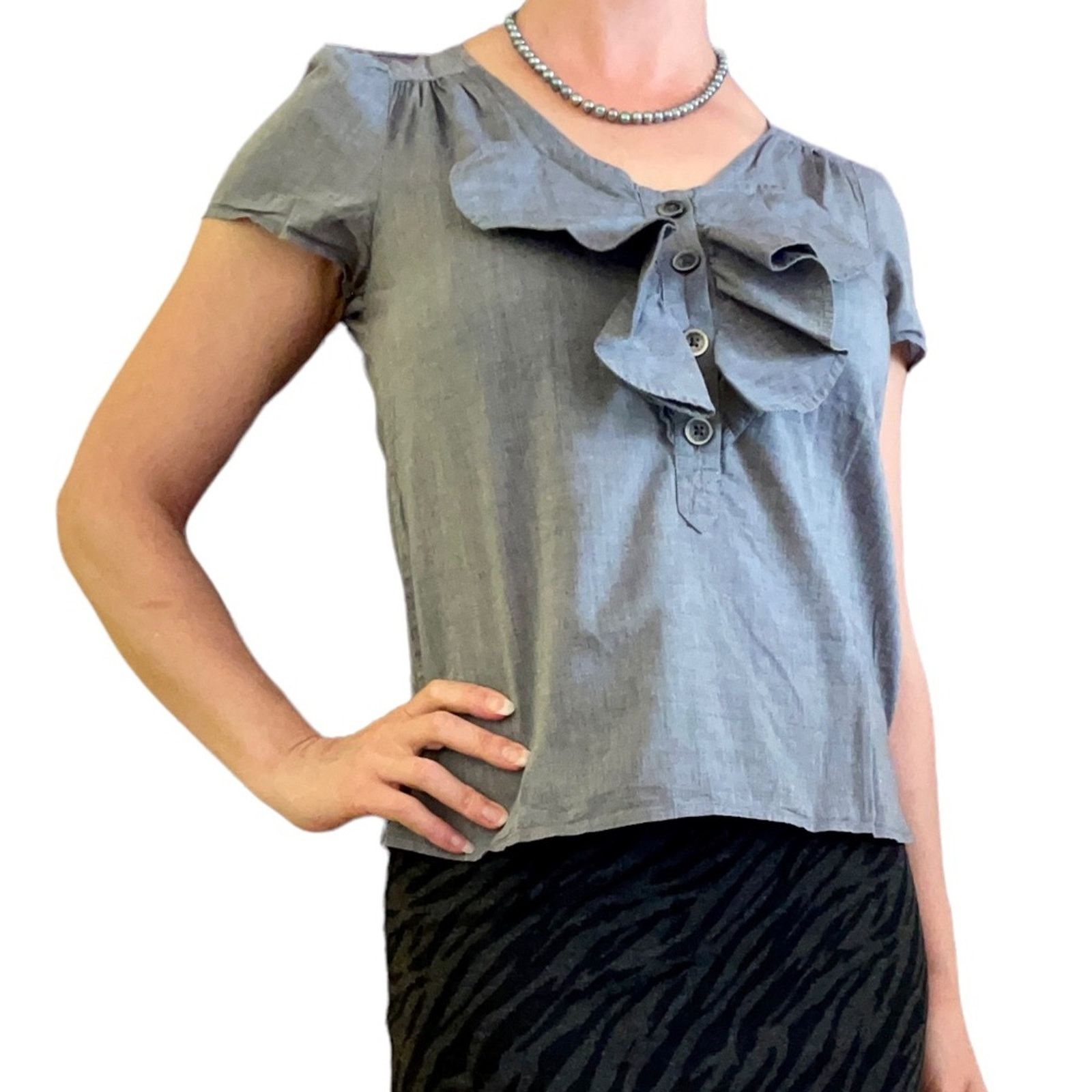 Marc by Marc Jacobs Marc by Marc Jacobs Blue Chambray Ruffle Jabot Blouse Top Size XS / US 0-2 / IT 36-38 - 7 Thumbnail