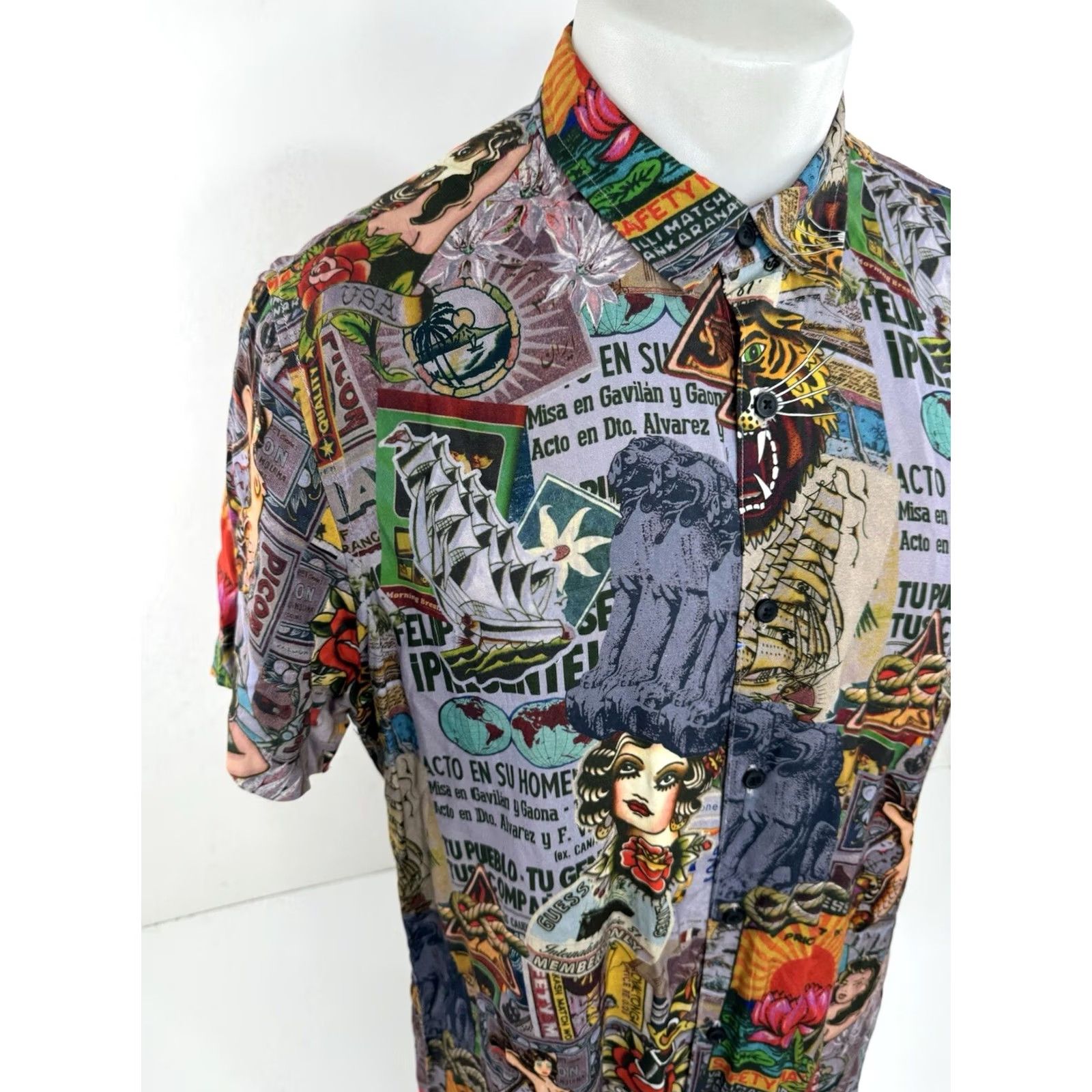 Guess GUESS Hawaiian Shirt Men's Short Sleeve Button-Up Mermaid Tattoo Nautical Travel L Multicolor Ship 90s Theme Girls Mens Boys Size US L / EU 52-54 / 3 - 3 Thumbnail