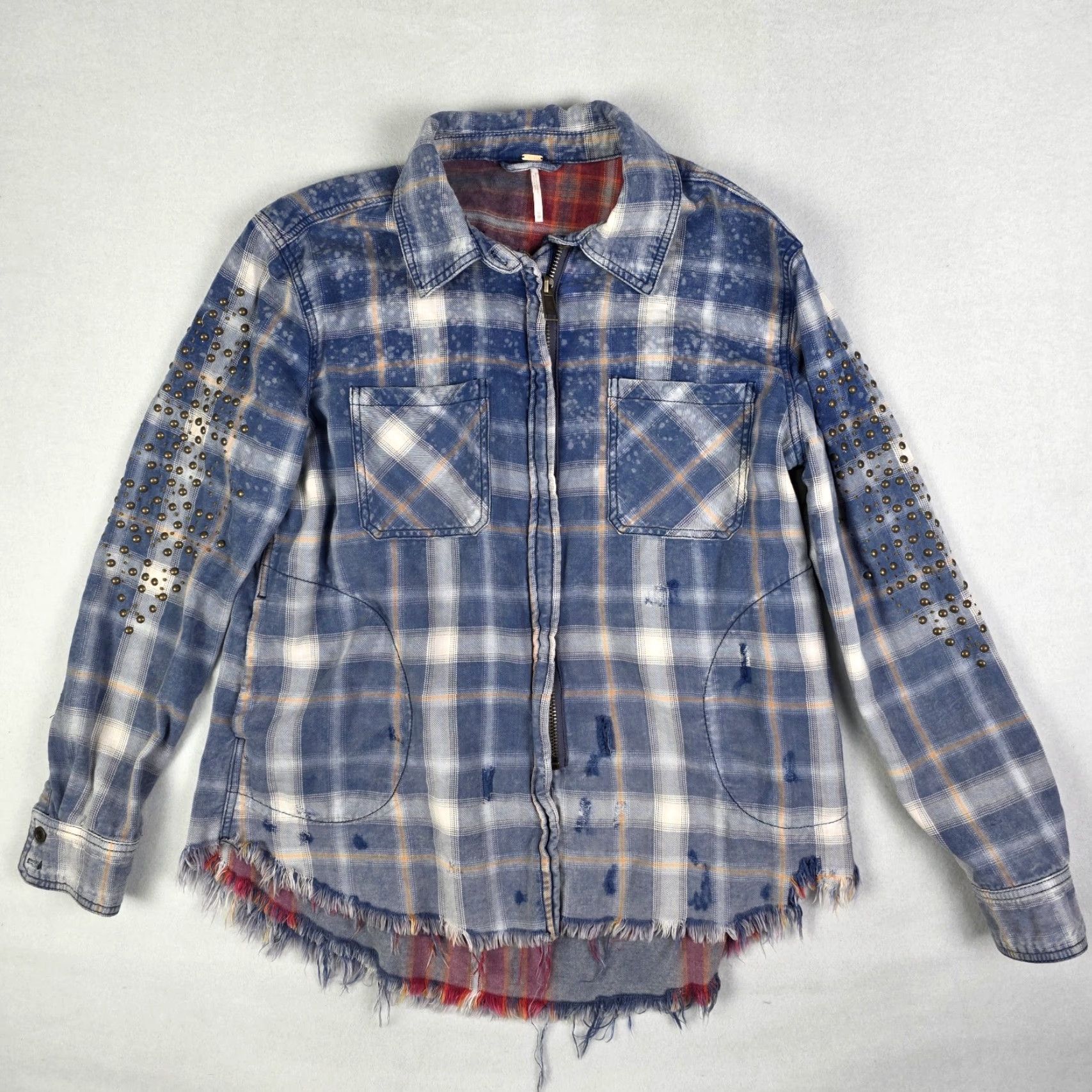 Free People Free People Destructed Jacket Womens XS Plaid Oversized Zip Shacket Distressed Blue Multicolor Size XS / US 0-2 / IT 36-38 - 2 Thumbnail