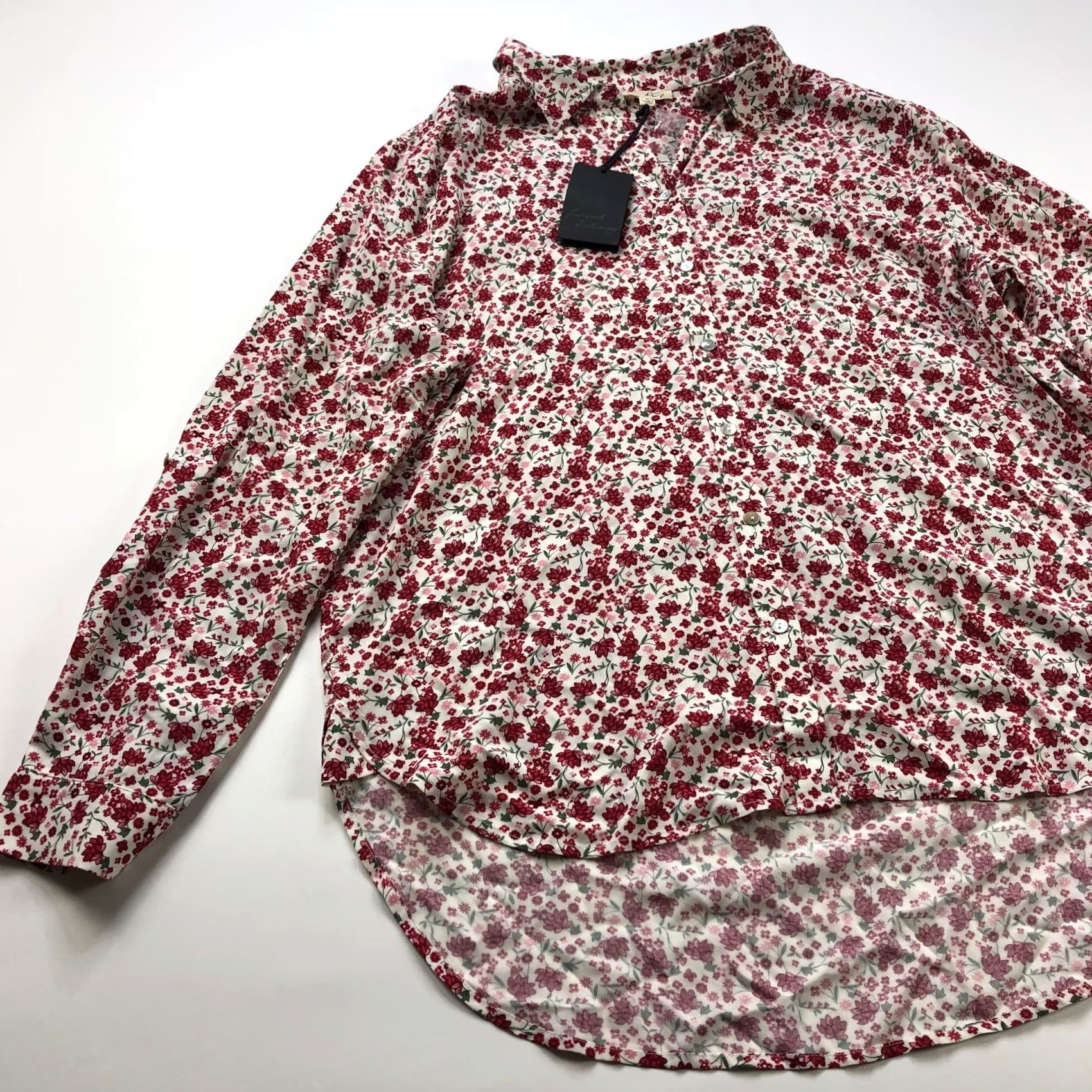 Vintage Jane And Delancey Button-Up Shirt Floral Red XL Rayon Long Sleeve High Low Size XL / US 12-14 / IT 48-50 - 2 Thumbnail