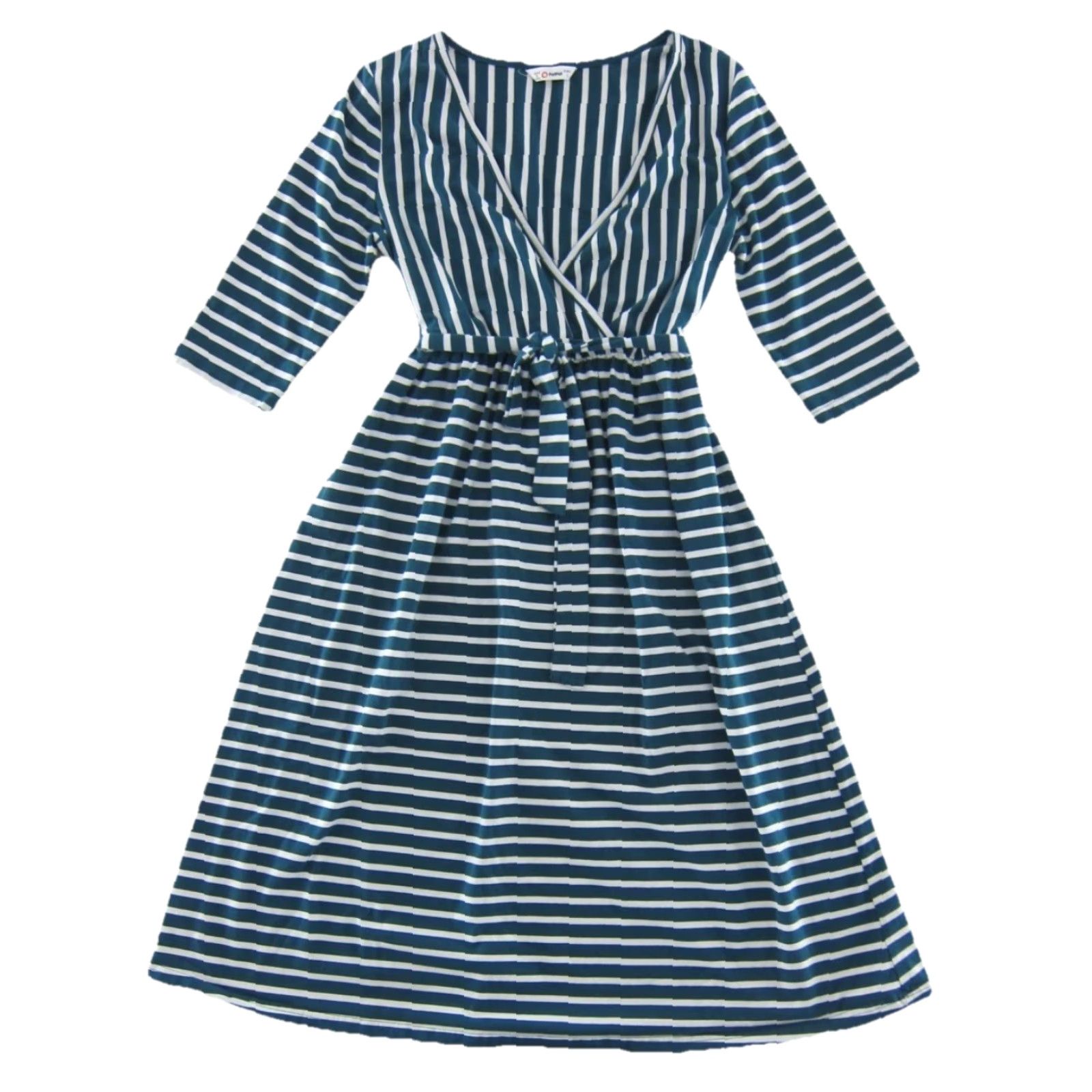 Vintage PatPat Green White Stripe Jersey Stretch V-Neck 3/4 Sleeve Midi Dress Large Size L / US 10 / IT 46 - 2 Thumbnail