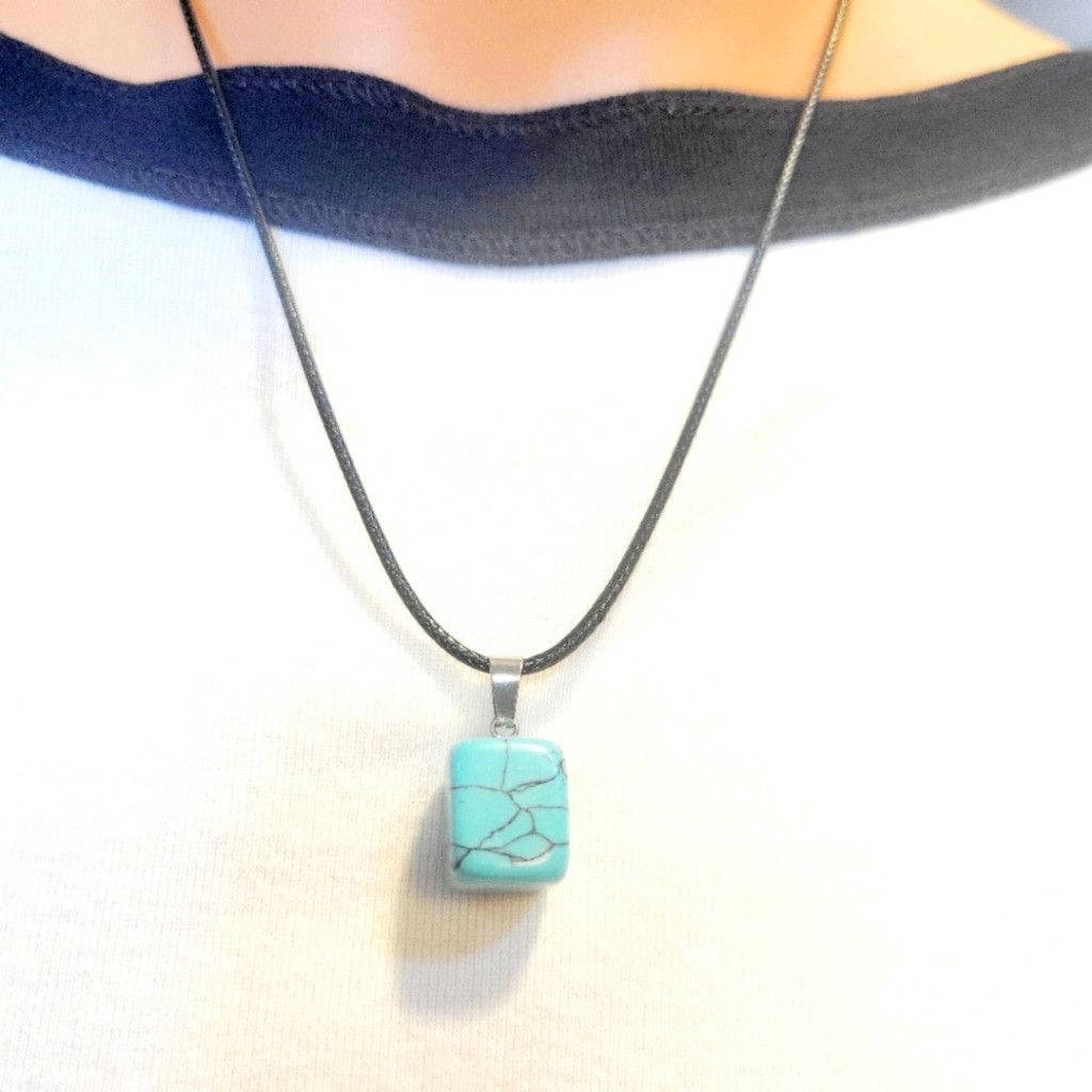Handmade Natural Amazonite Crystal Cube Pendant Necklace Size ONE SIZE - 1 Thumbnail