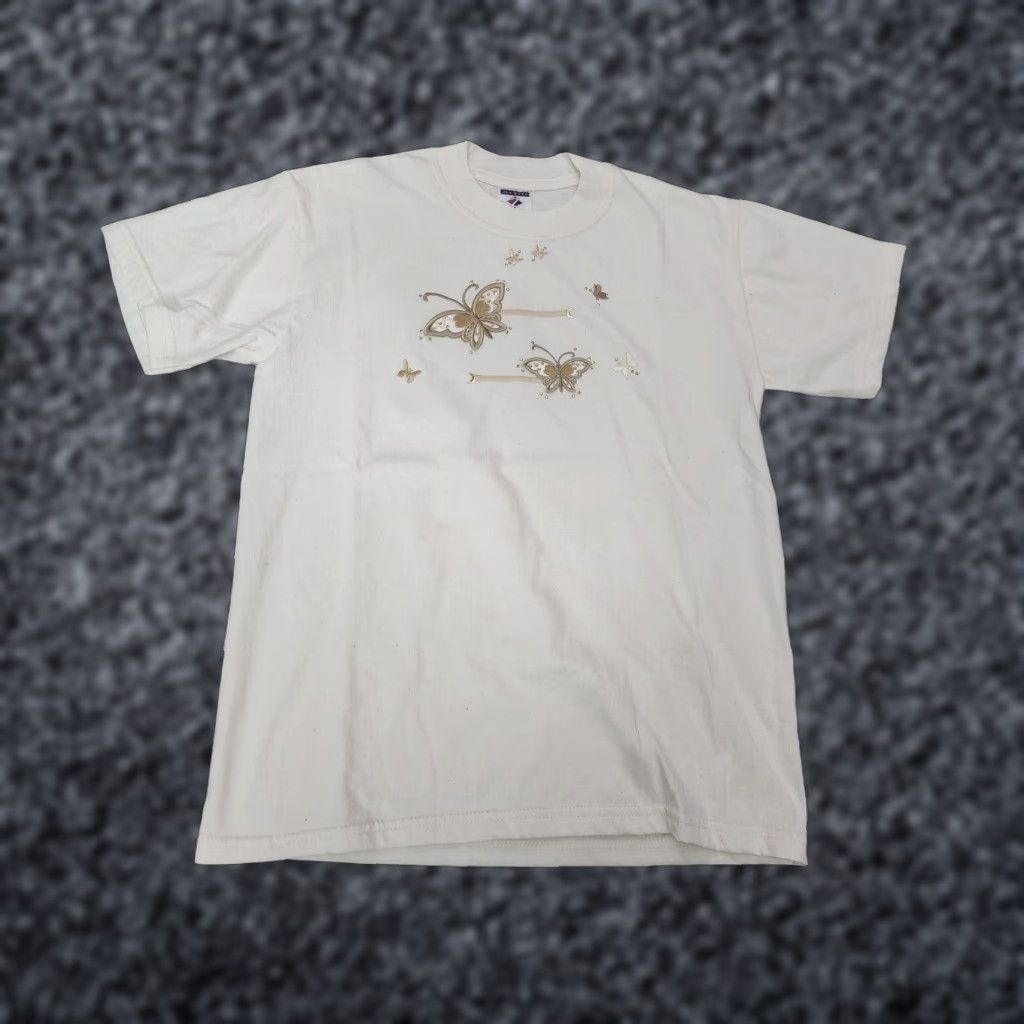 Jerzees VINTAGE Womens T Shirt S Butterfly Embroidered Grandma Jerzees Short Sleeve Round Neck Beige Cotton Blend Logo Basic Butterfly 90s Womens Size S / US 4 / IT 40 - 1 Thumbnail