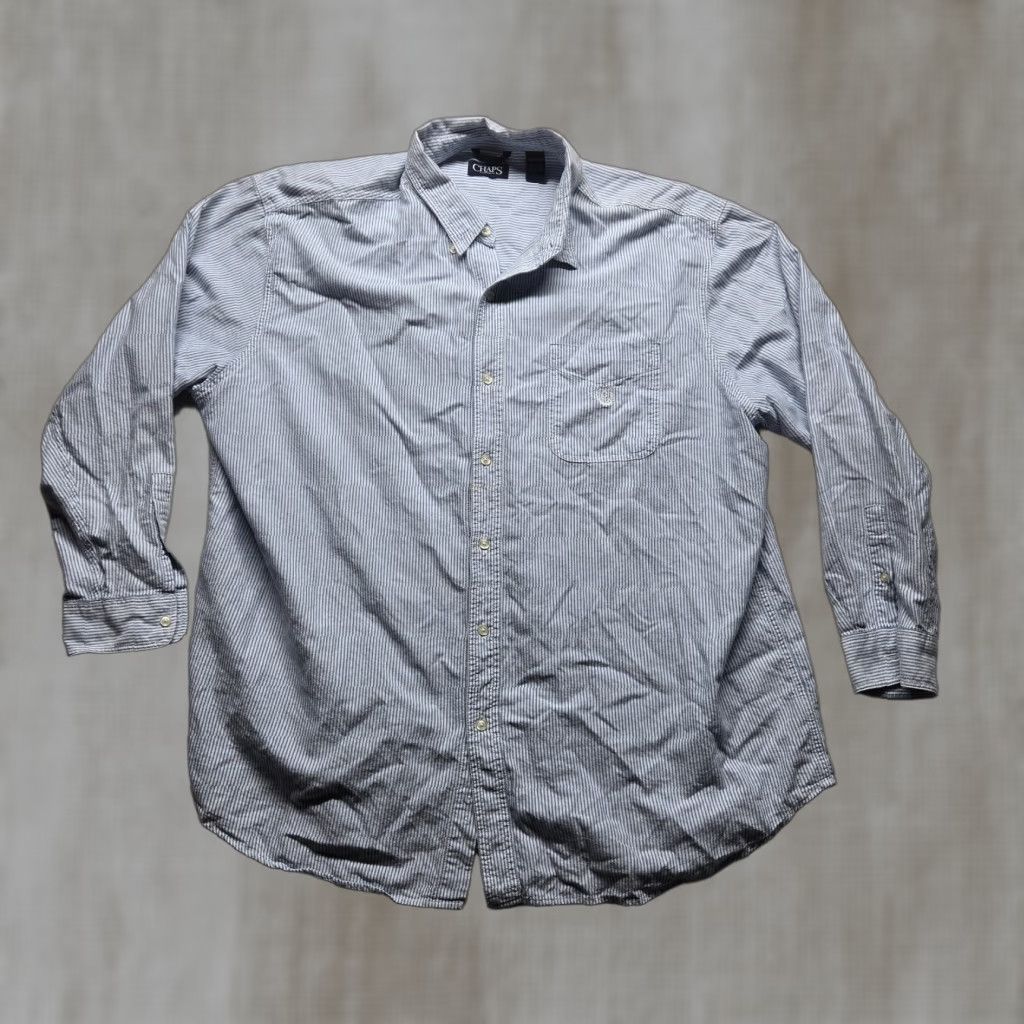 Chaps Chaps Shirt Button-Up Long Sleeve White Blue Stripes 3XB Big & Tall Mens Casual Classic Oxford Collar-Down Button Down Cotton Size US XXL / EU 58 / 5 - 1 Thumbnail