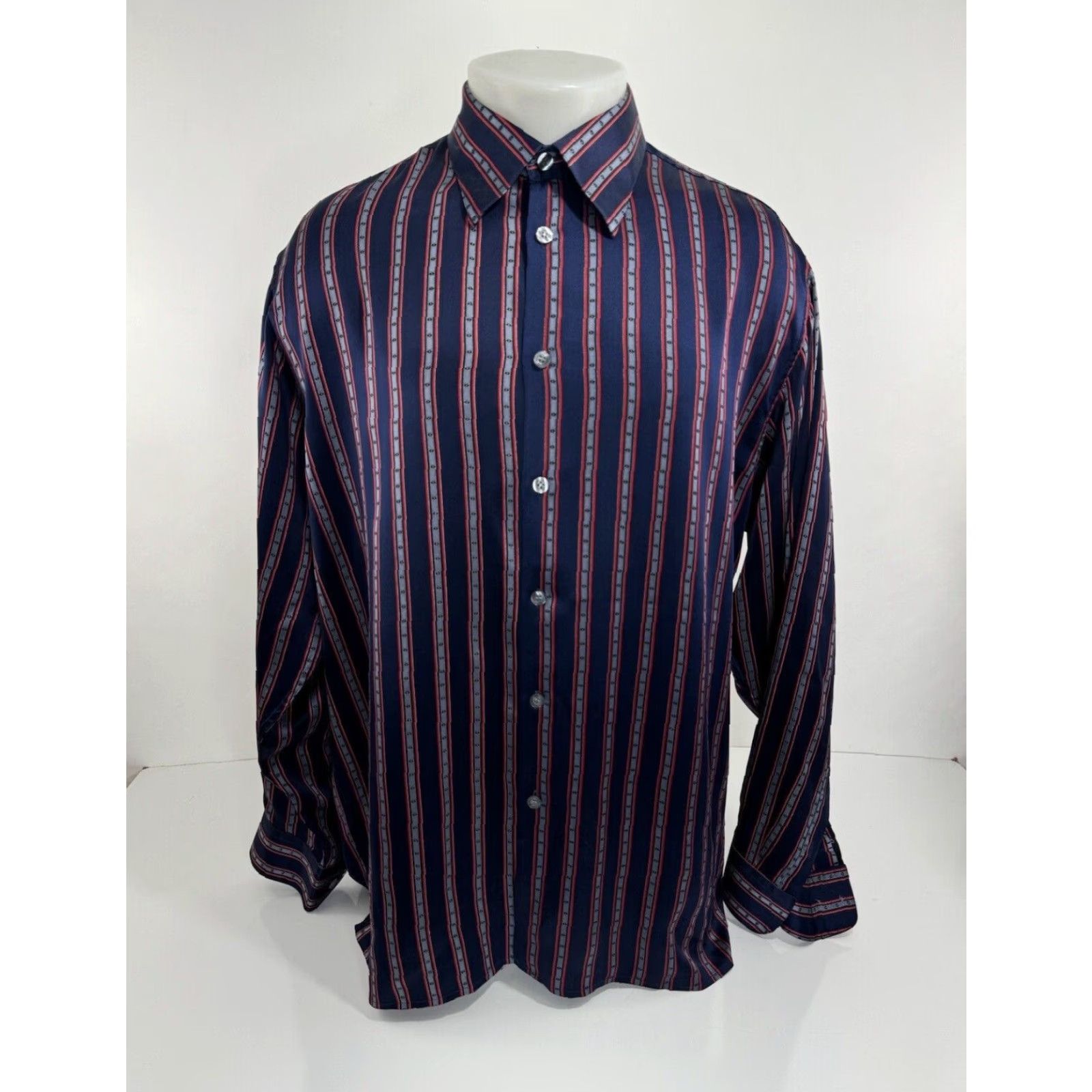 Vintage BERNINI SILK Striped Shirt 2XL Mens XL / XXL Button-Up Long Sleeve Blue Red Geometric EXCELLENT Size US XXL / EU 58 / 5 - 2 Thumbnail