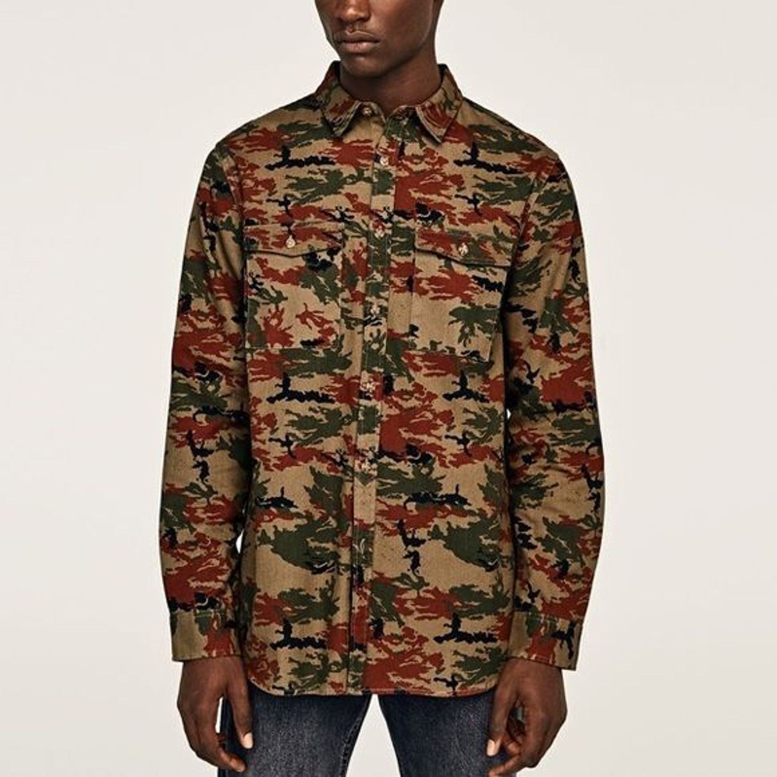 Zara Zara Man Camo Denim Shirt Brown Embroidered Tiger Mens S Size US S / EU 44-46 / 1 - 11 Thumbnail