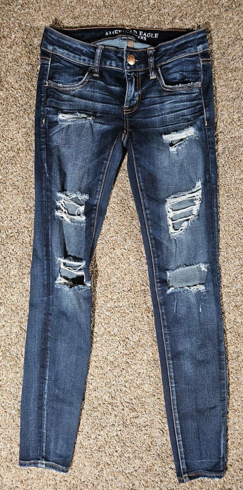 Designer American Eagle Stretch Women Sz 2 Super Low Jegging Distress Size 26" / US 2 / IT 38 - 1 Thumbnail