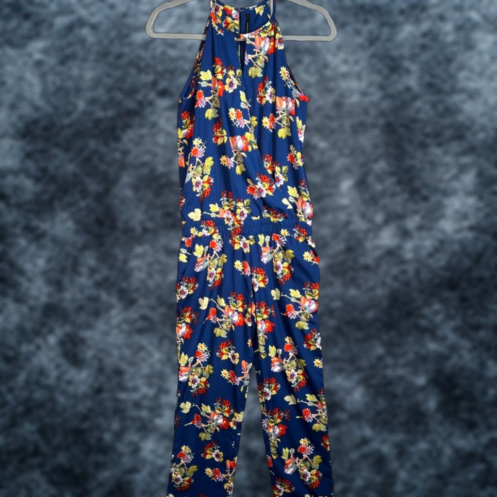 Vintage Walter Baker Floral Jumpsuit Blue Womens Small Sleeveless Halter Casual Size 28" / US 6 / IT 42 - 1 Thumbnail