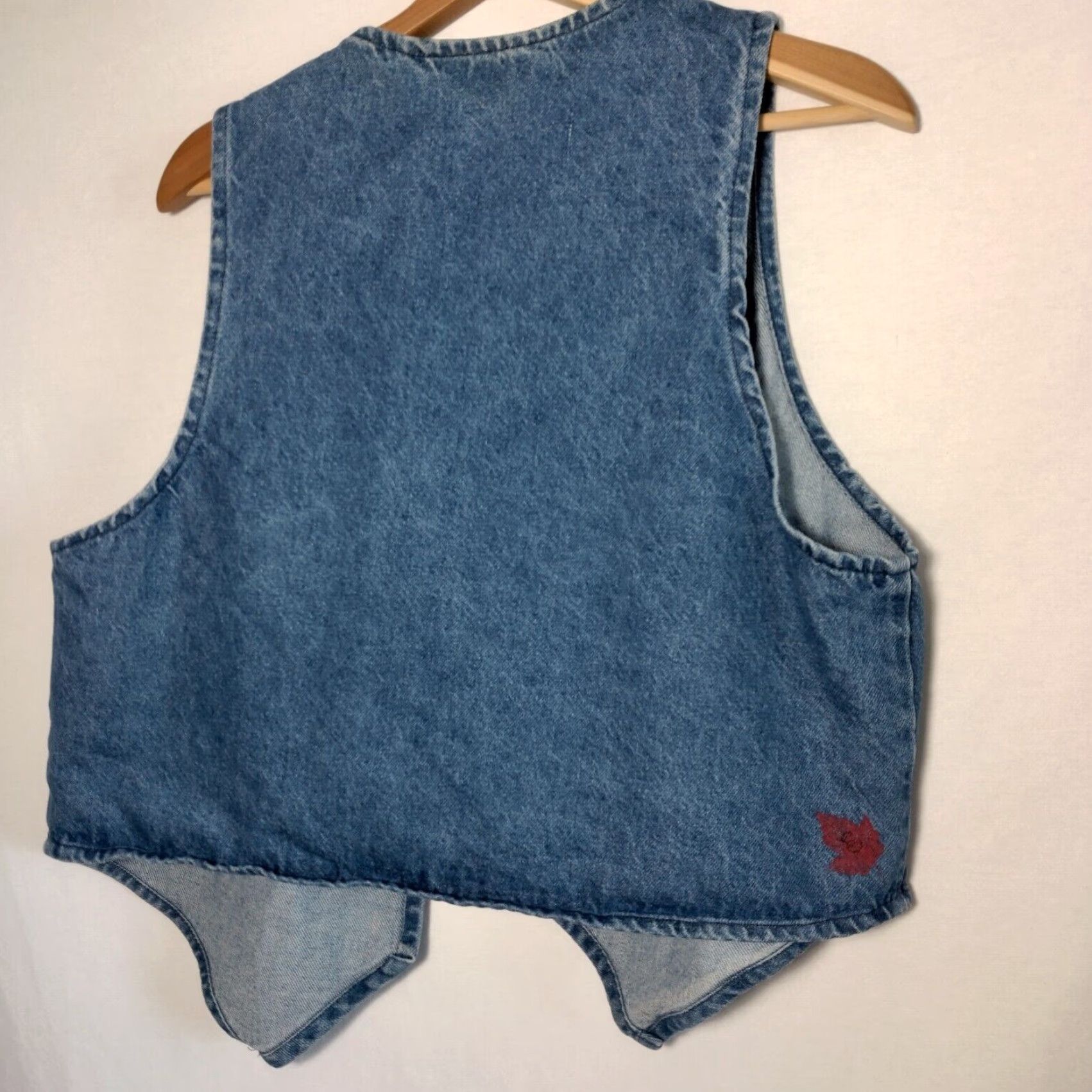 Denime VINTAGE Upcycled Jean Vest Women One Size Blue Denim Painted Leaves Fall Autumn Leaf Size 42" / US 20 - 2 Thumbnail