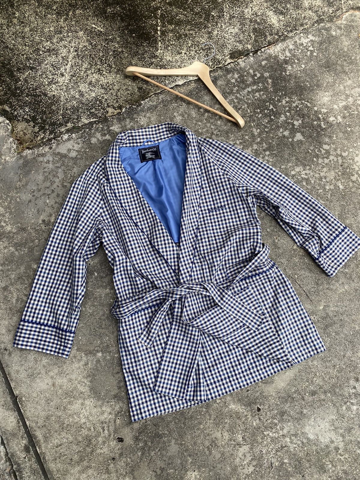 image of Burberrys Coat Gown Long Buttonless Logo Embroidery in Blue Check, Men's (Size Large)