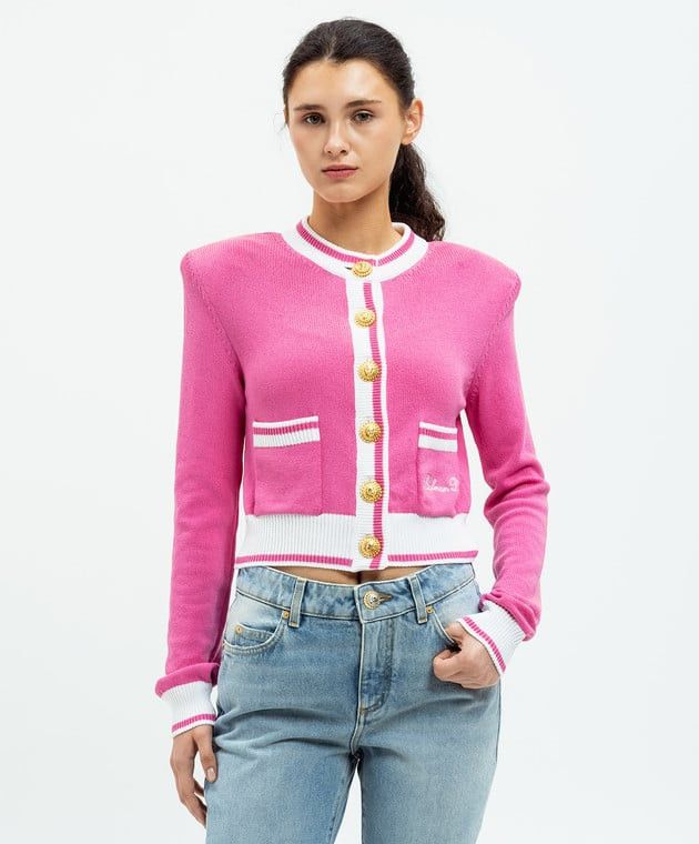 Balmain o1s1wg110825 Embroidered Logo Knit Cardigan in Pink Size M / US 6-8 / IT 42-44 - 2 Thumbnail
