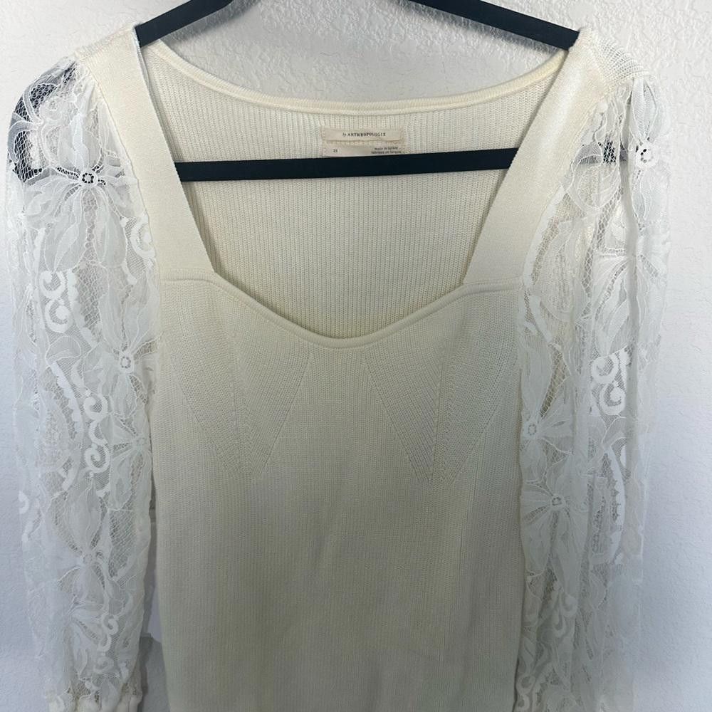 Designer Anthropologie Lace Balloon Sleeve Ribbed Sweater Ivory XS Size XS / US 0-2 / IT 36-38 - 4 Thumbnail