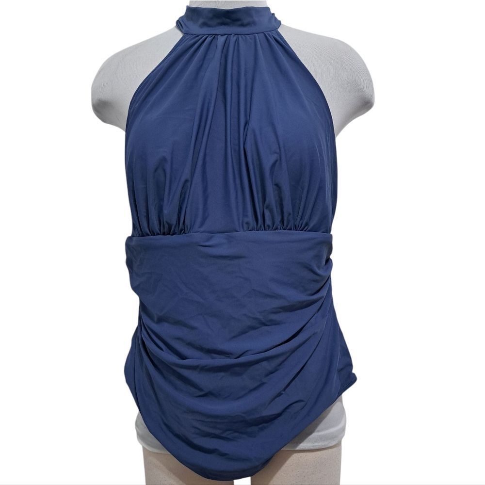 Unbrnd Cupshe Bianca Plunge Halter One Piece Ruched Swimsuit Dusty in Blue, Women's (Size 2XL)