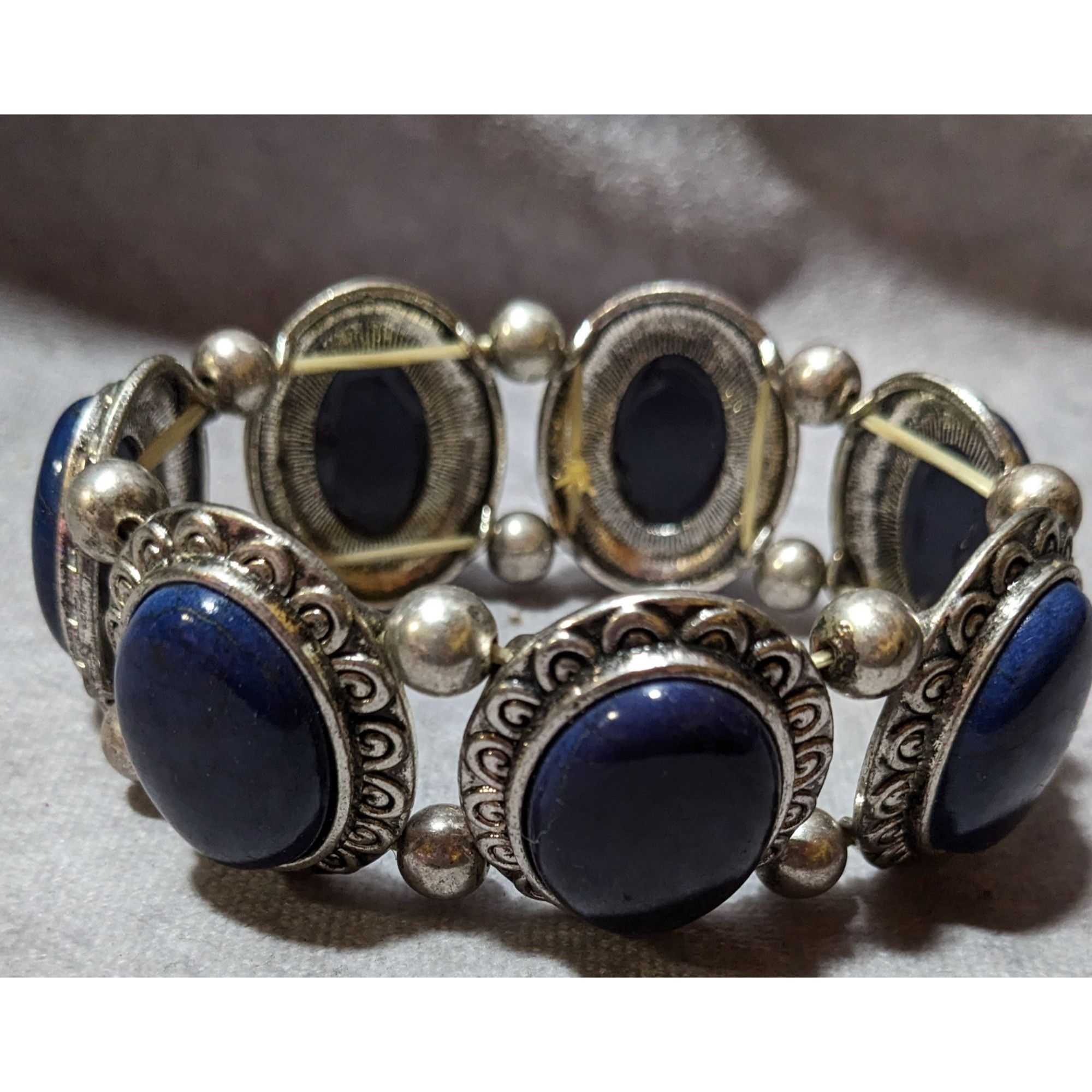 Other Silver Tone And Blue Cabochon Vintage Style Stretch Bracelet Size ONE SIZE - 5 Thumbnail