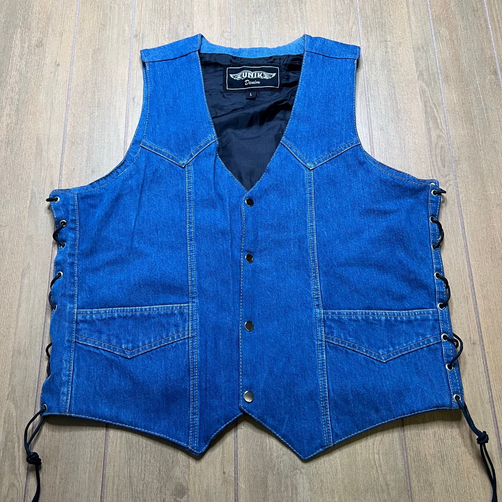 UNIK International Inc. Vintage‎ UNIK Denim Motorcycle Biker Denim Vest Lace Sz L Size US L / EU 52-54 / 3 - 1 Thumbnail