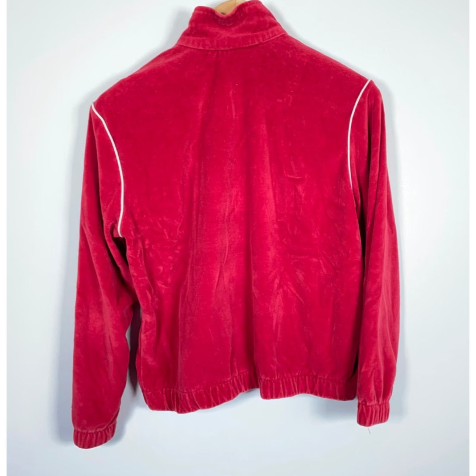 Pierre Cardin VINTAGE Pierre Cardin Velour Track Jacket Women Medium Dark Red White Retro Full Zip Unlined 80s Size M / US 6-8 / IT 42-44 - 2 Thumbnail