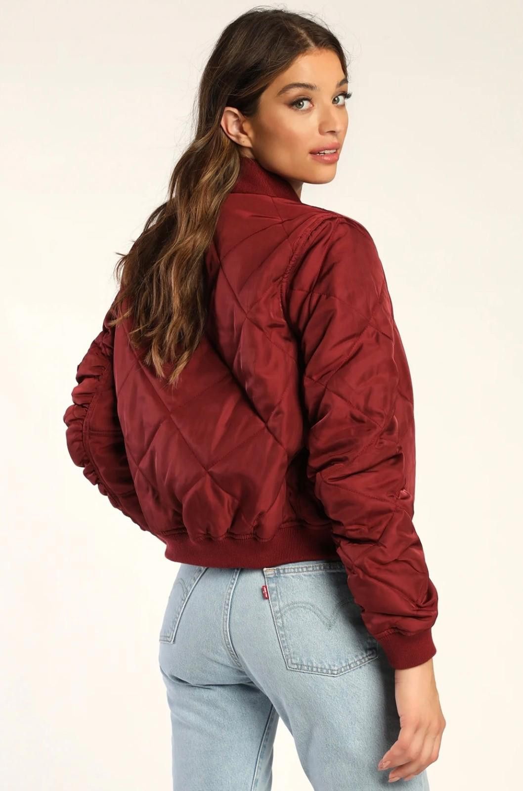 Lulus LULUS Quilted Bomber Jacket in Burgundy (X-SMALL) Size XS / US 0-2 / IT 36-38 - 4 Thumbnail