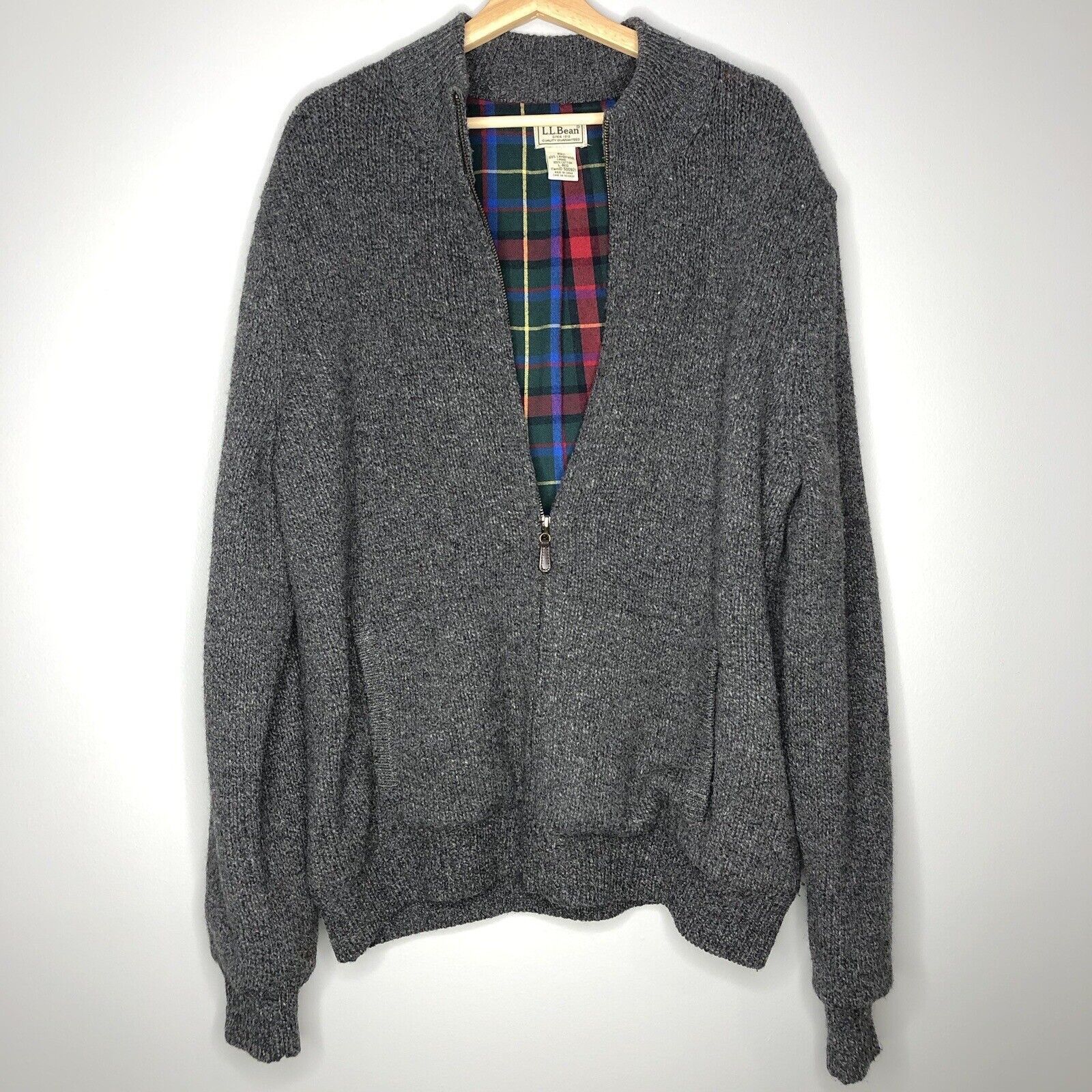 image of L L Bean Men Gray Sweater L Full Zip Front Lambs Wool Winter Cardigan in Grey (Size Large)