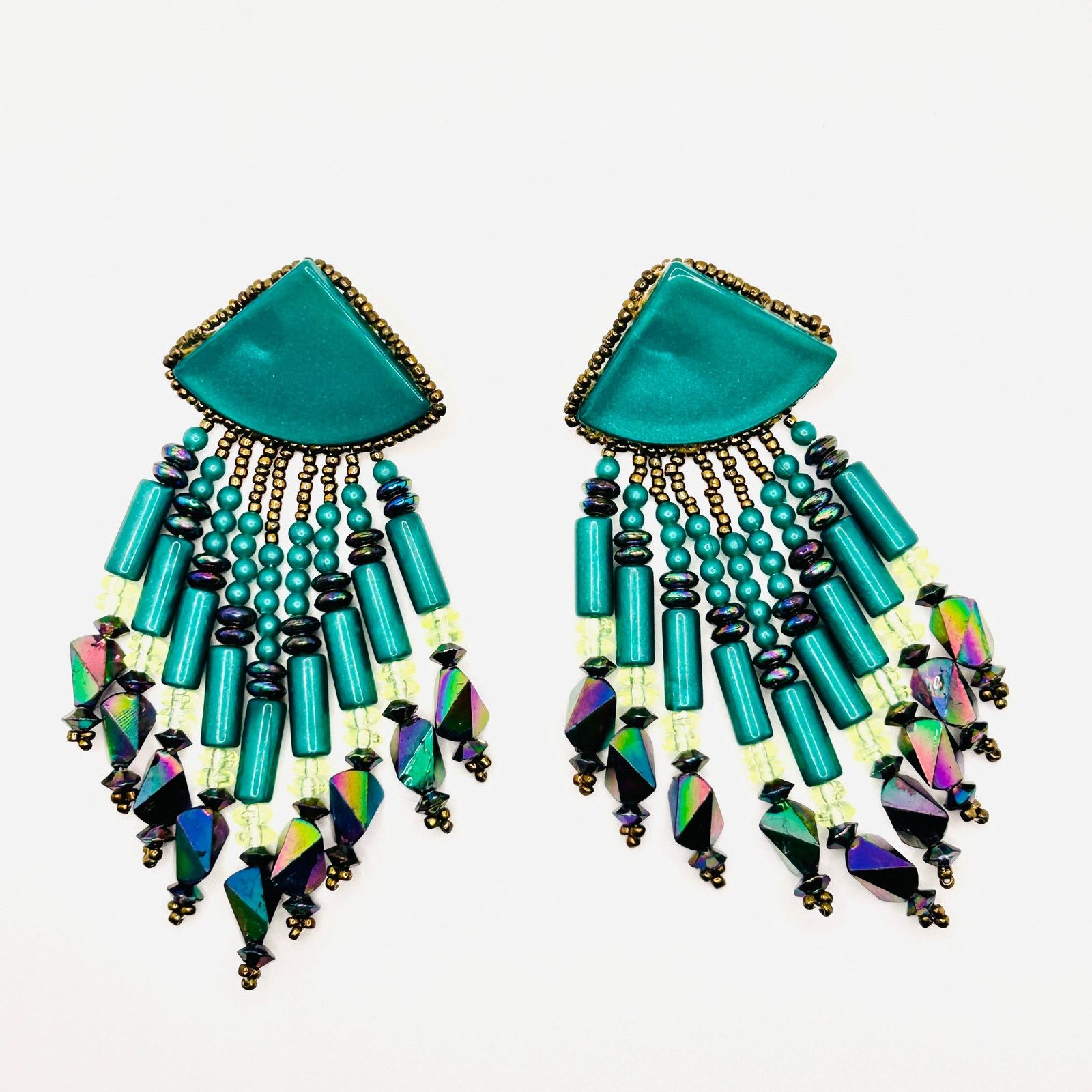 Handmade Vintage 80s Teal Turquoise Beaded Fringe Statement Earrings Size ONE SIZE - 2 Thumbnail