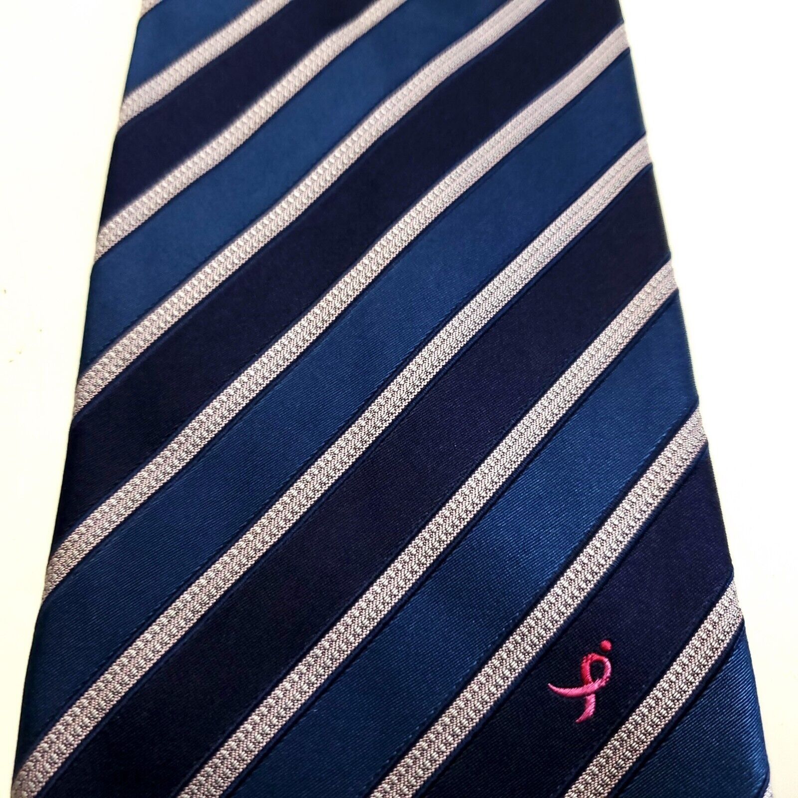 Vintage Knots For Hope Breast Cancer Blue Woven Striped Silk Tie Size ONE SIZE - 2 Thumbnail