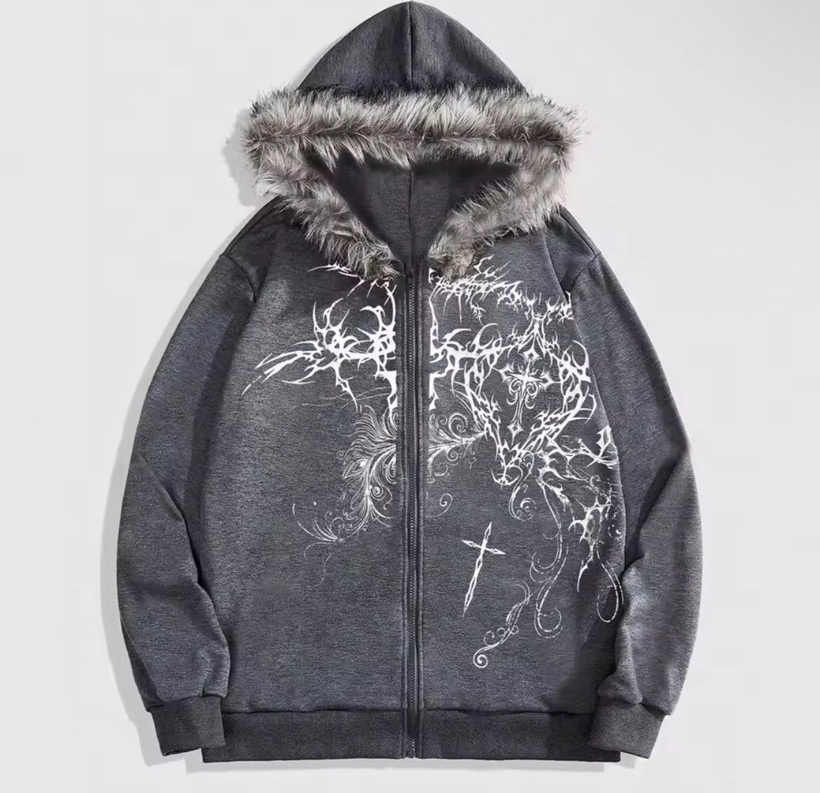 Other Fashion Punk Y2K Goth Grunge Gothic Cross Fur Hoodies Size US XL / EU 56 / 4 - 1 Thumbnail