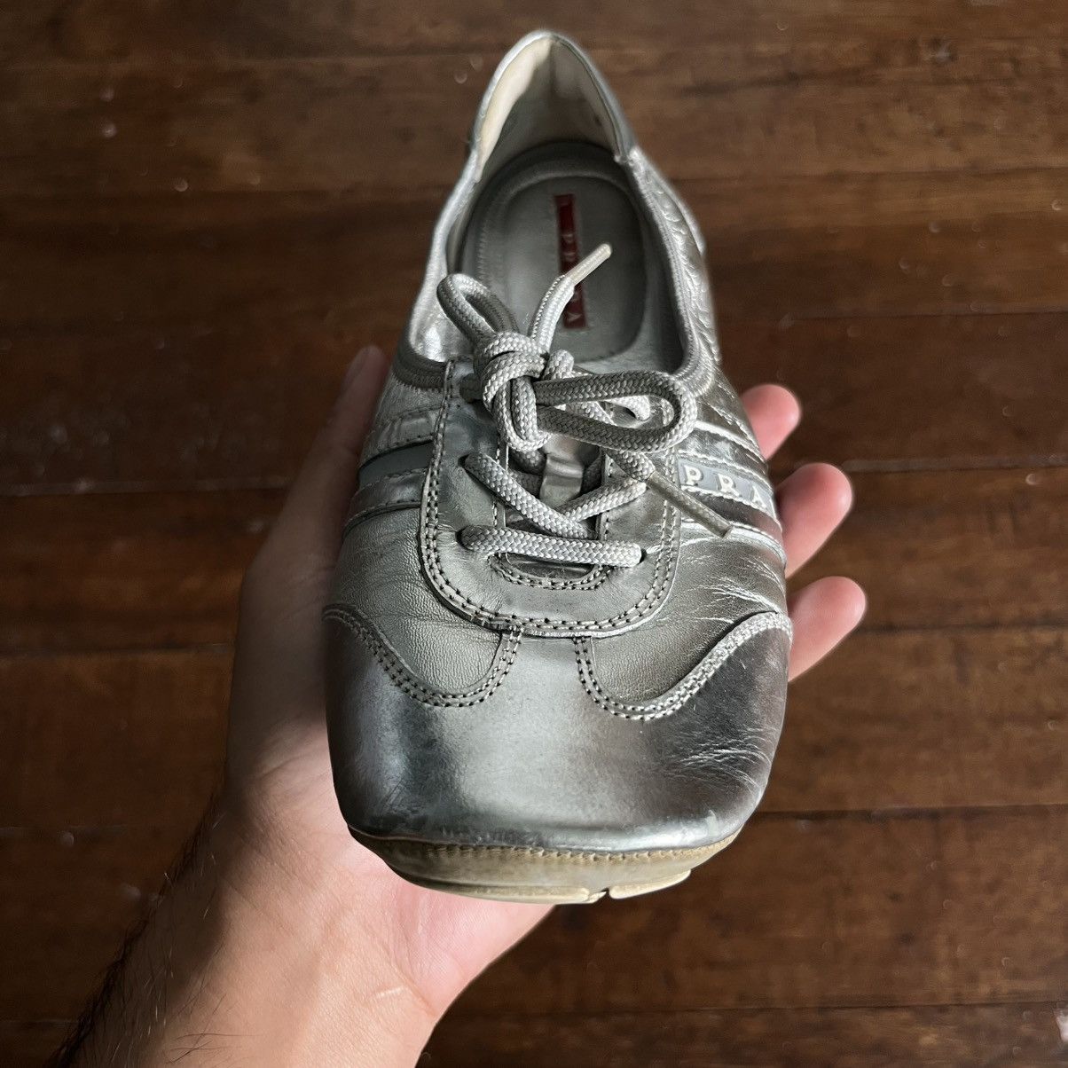 Prada Prada Sport Silver Leather Scrunch Lace Up Ballet Flats Size US 5 / IT 35 - 9 Thumbnail