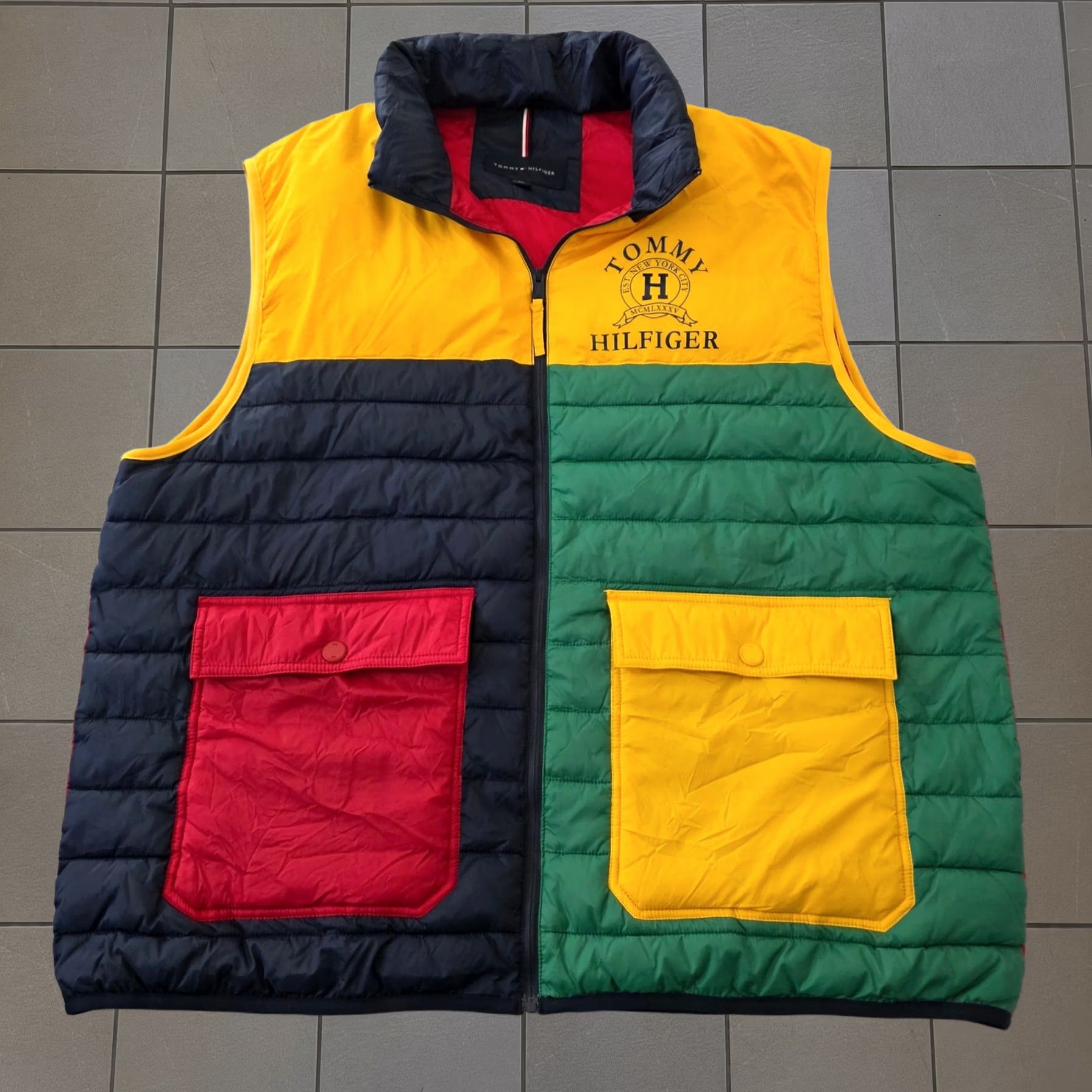 Tommy Hilfiger Vest 2XL Colorblock Puffer Primaloft Crest Logo Yellow Green Mens, Men's (Size Xxl)