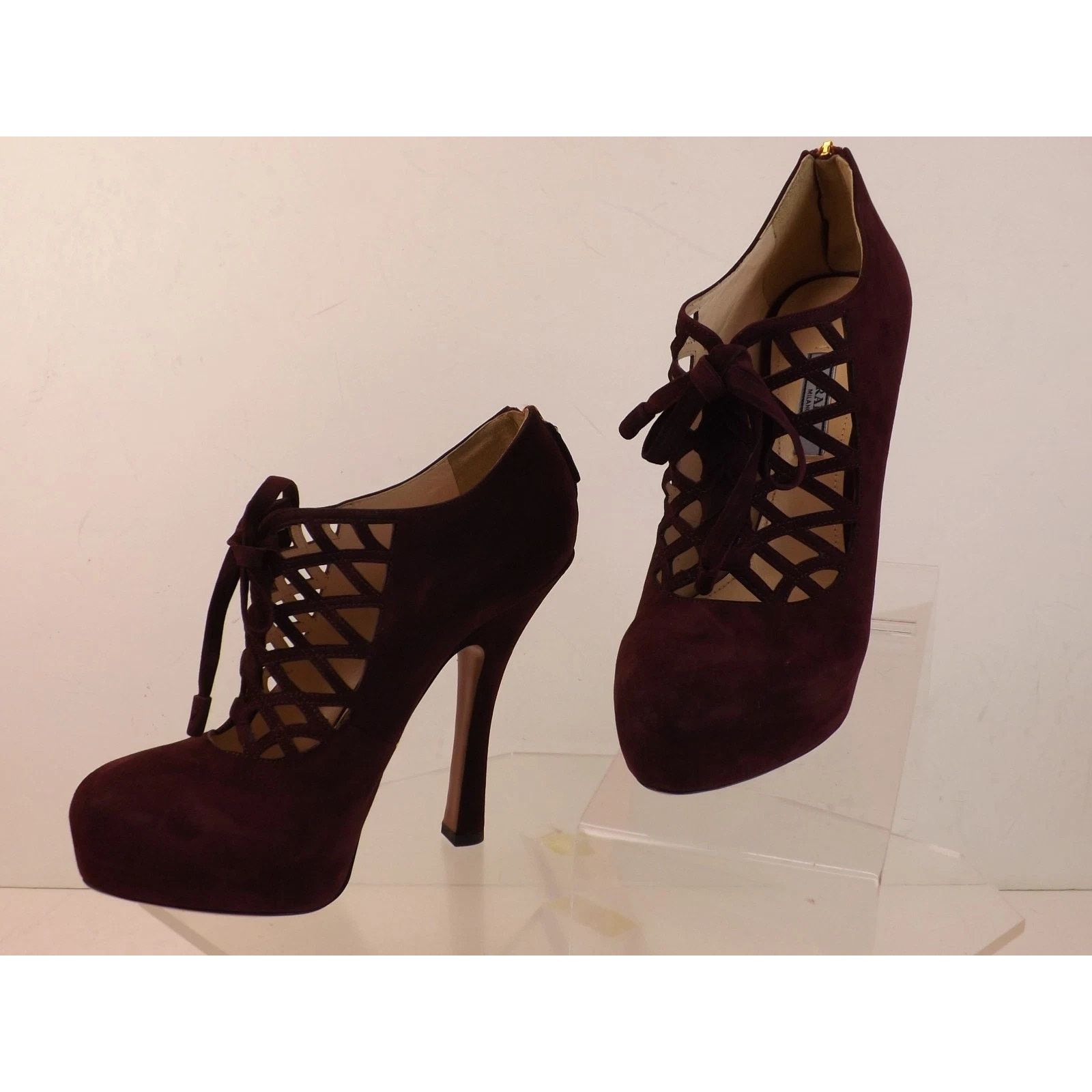 Prada PRADA 1IP156 BURGUNDY SUEDE CAGE ZIP PLATFORM PUMPS 38.5 Size US 8.5 / IT 38.5 - 7 Thumbnail