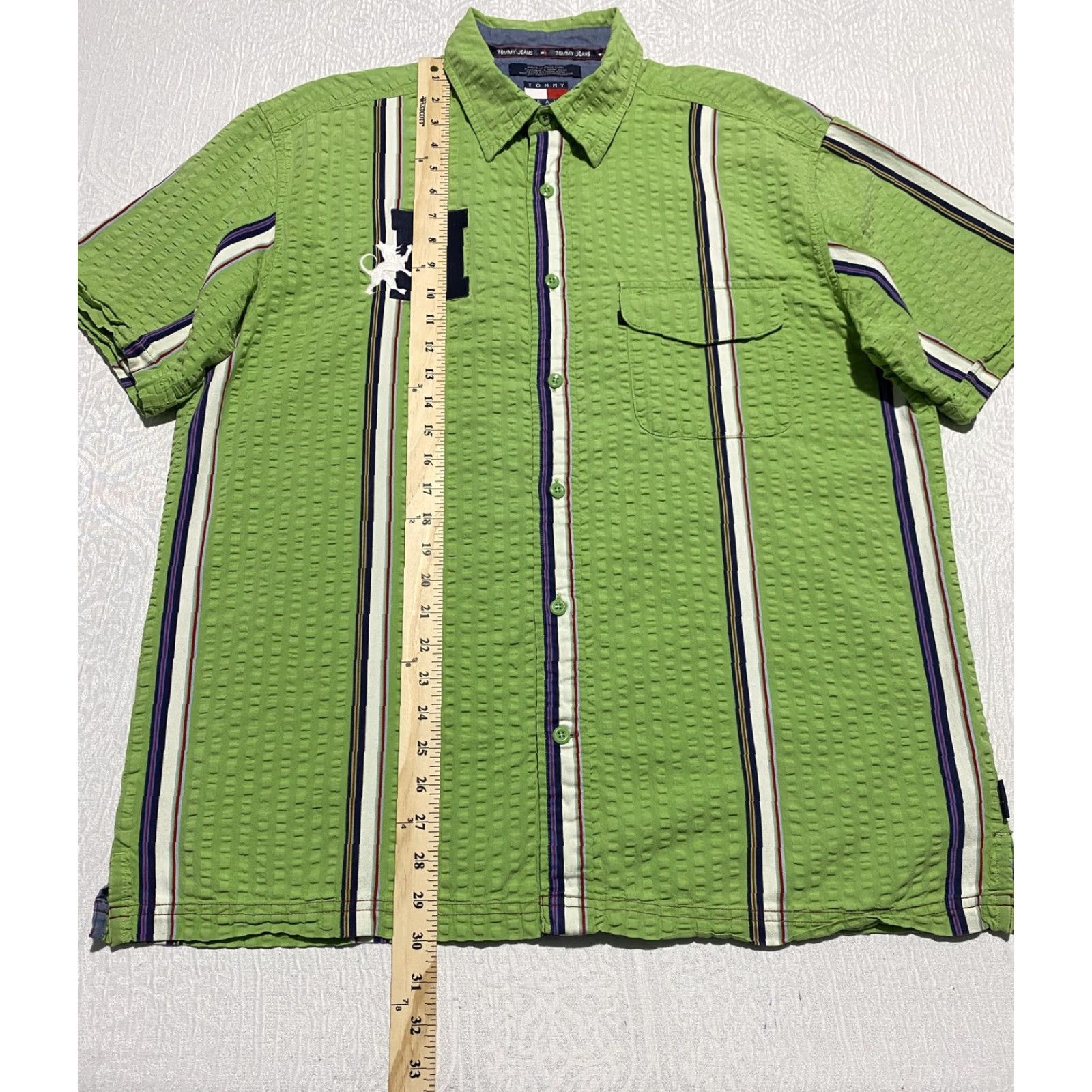 Vintage VINTAGE Tommy Jeans Shirt Mens L Green Striped Seersucker Short Sleeve Lion Crest H Size US L / EU 52-54 / 3 - 3 Thumbnail
