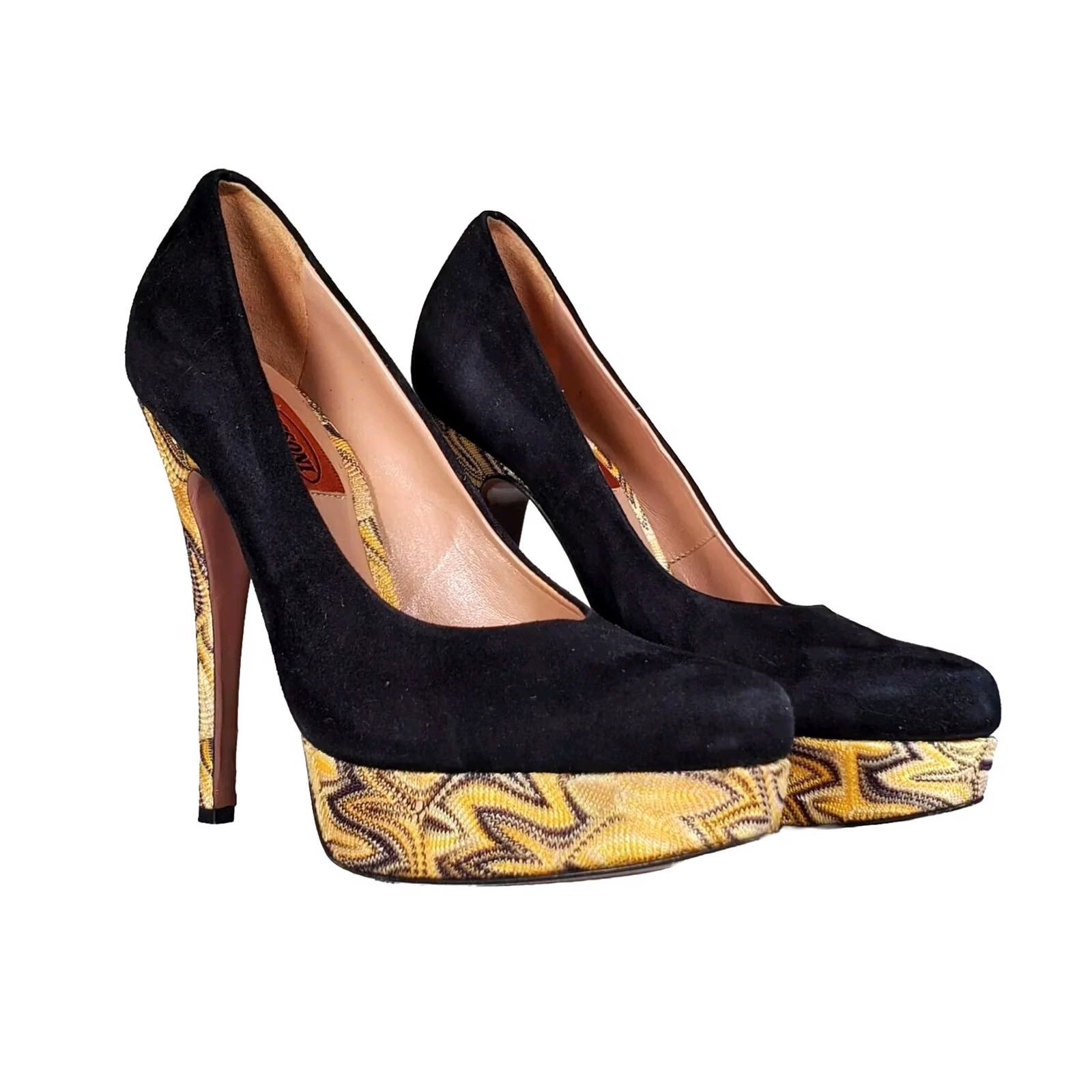 Missoni Missoni Black Suede Fabric Platform Pumps Gold Lurex Knit Covering Midsole Heel Women's US 6 (EU 36) Size US 6 / IT 36 - 2 Thumbnail