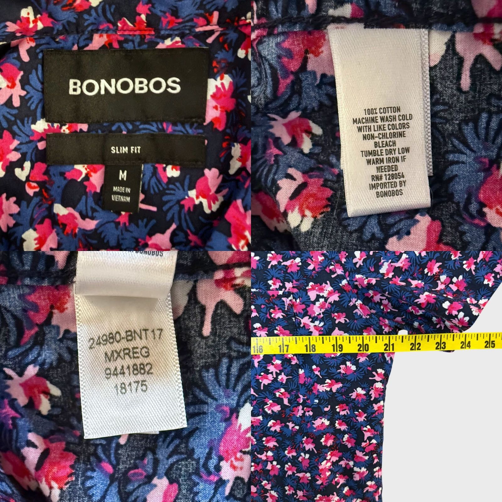 Bonobos Bonobos Riviera Slim-Fit Shirt Pink Blue Men's M S/S Floral Button-Down Shirt Bag? Size US M / EU 48-50 / 2 - 8 Thumbnail