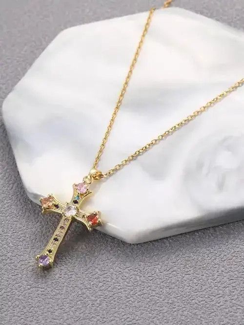 Jewelry Vintage Retro Stainless Steel Rhinestone Cross Pendant Chain Size ONE SIZE - 2 Thumbnail