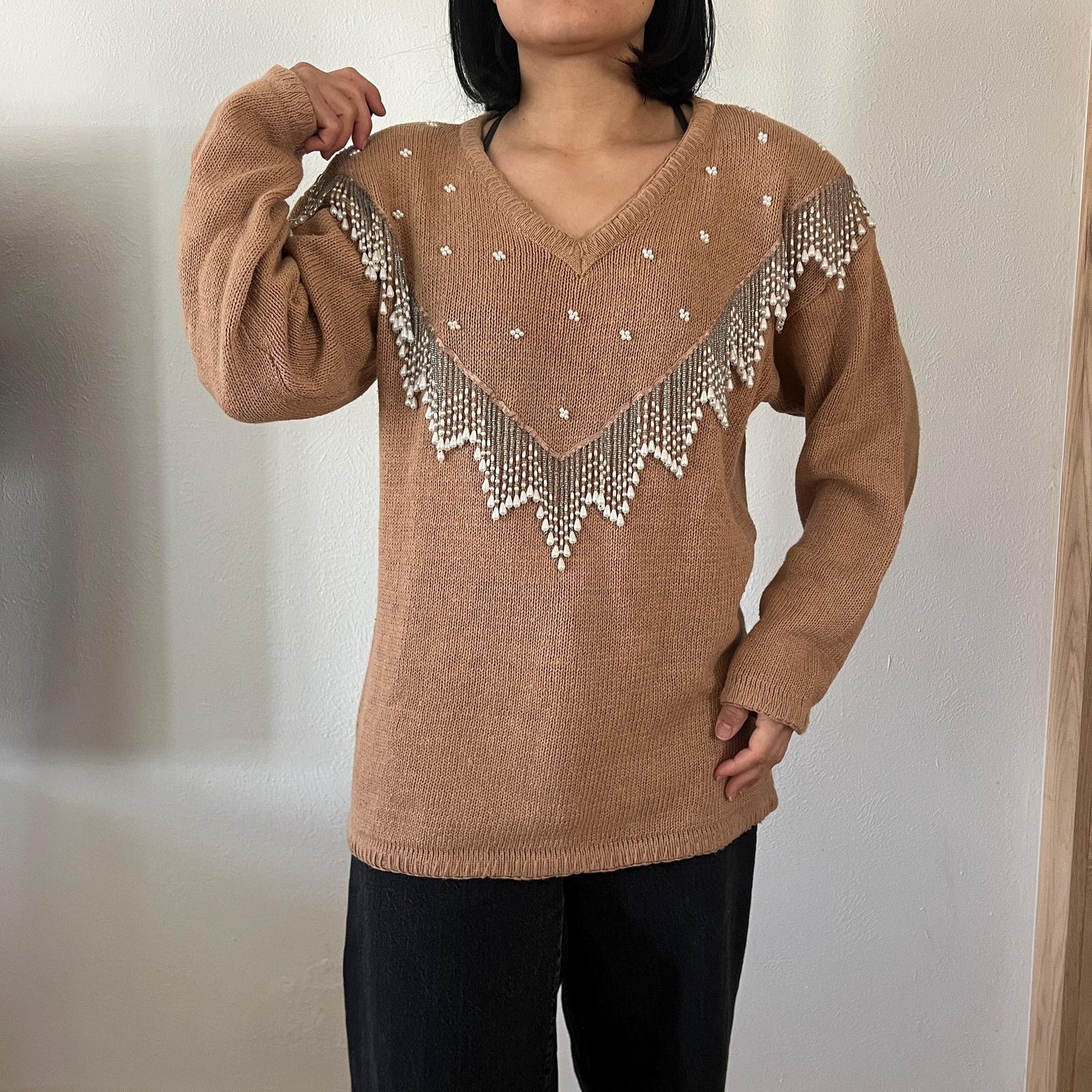 Vintage Vtg 80s beaded caramel knit pullover sweater cotton Medium Size M / US 6-8 / IT 42-44 - 5 Thumbnail
