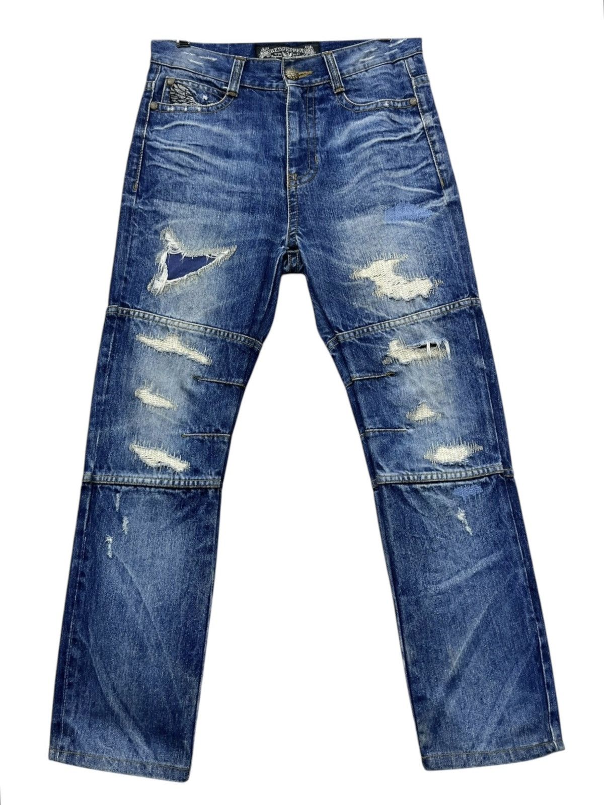 Vintage FYE🔥Vintage RED PEPPER Punk Angel Wings Big Spell-out Jeans Size 31" - 6 Thumbnail